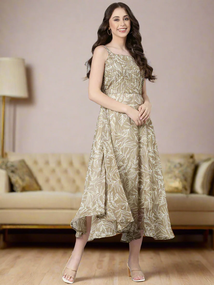 Women Beige Floral Chiffon Dress - Image 3