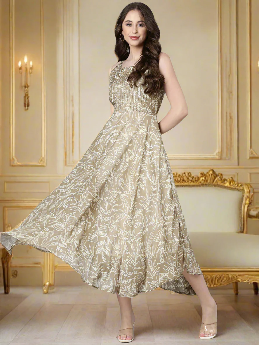 Women Beige Floral Chiffon Dress - Image 5