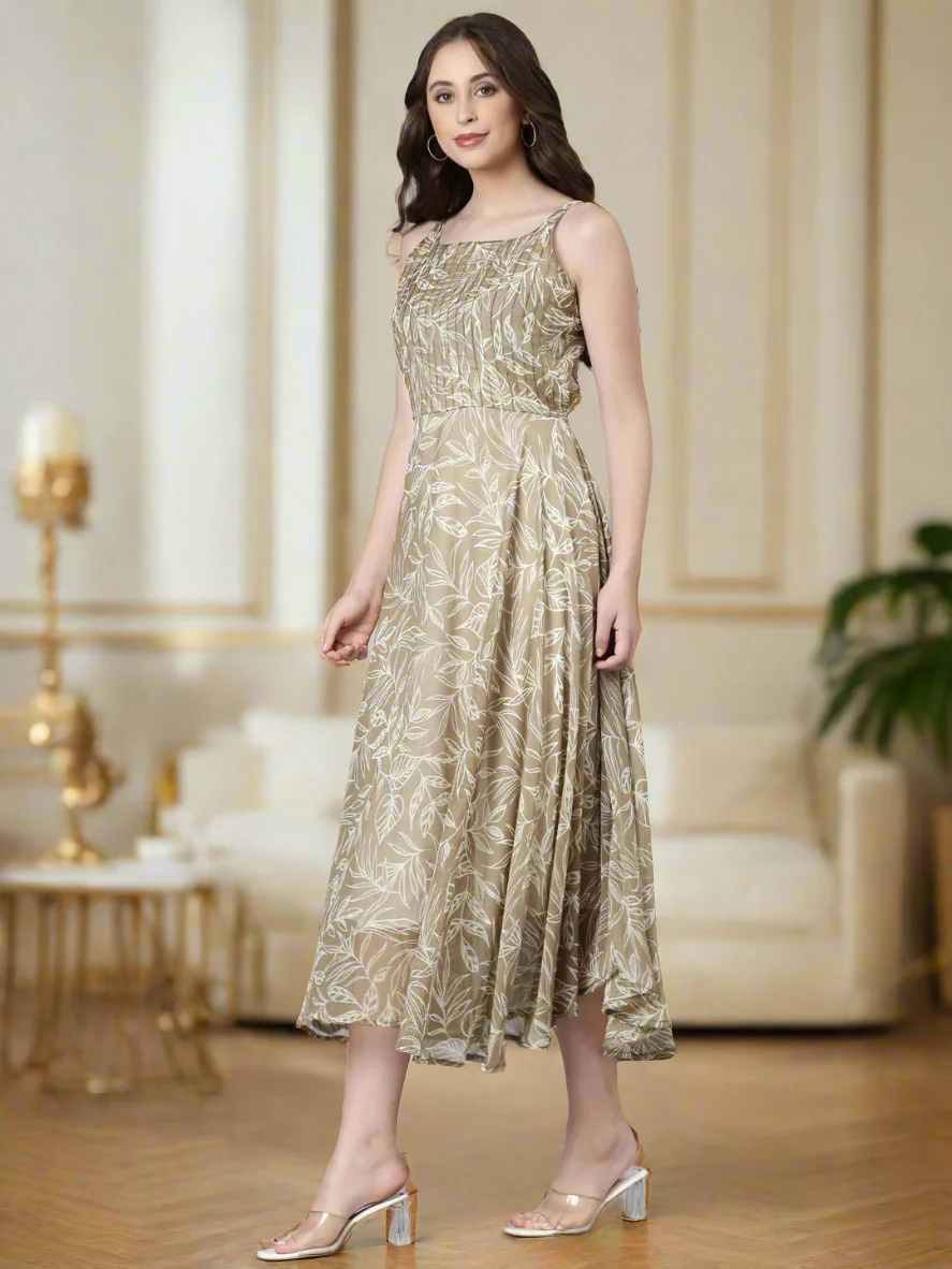 Women Beige Floral Chiffon Dress - Image 8