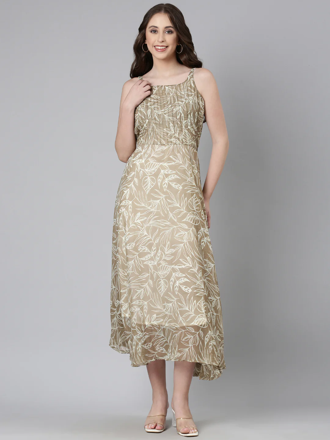 Women Beige Floral Chiffon Dress - Image 9
