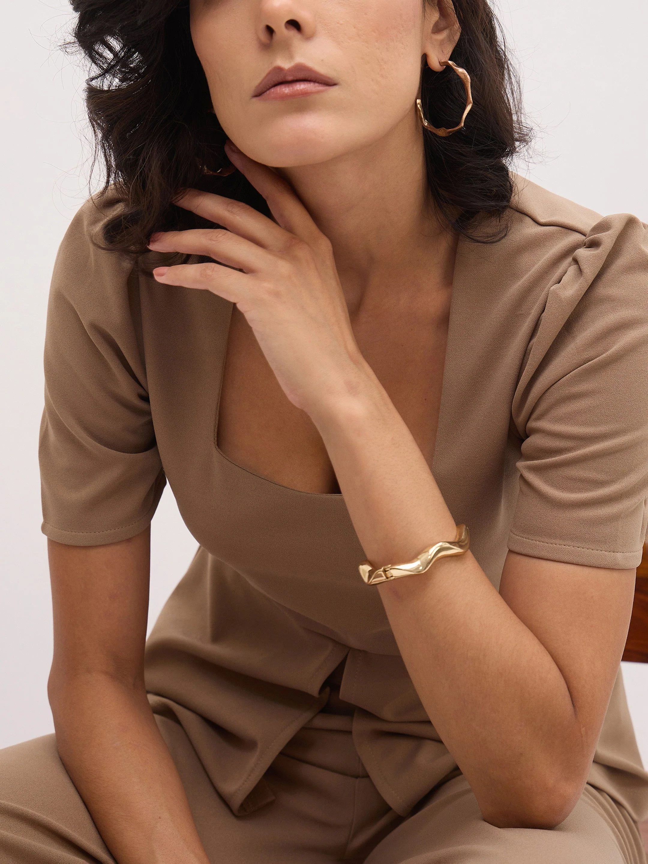 Women Beige Square Neck Front Slit Top - Image 3