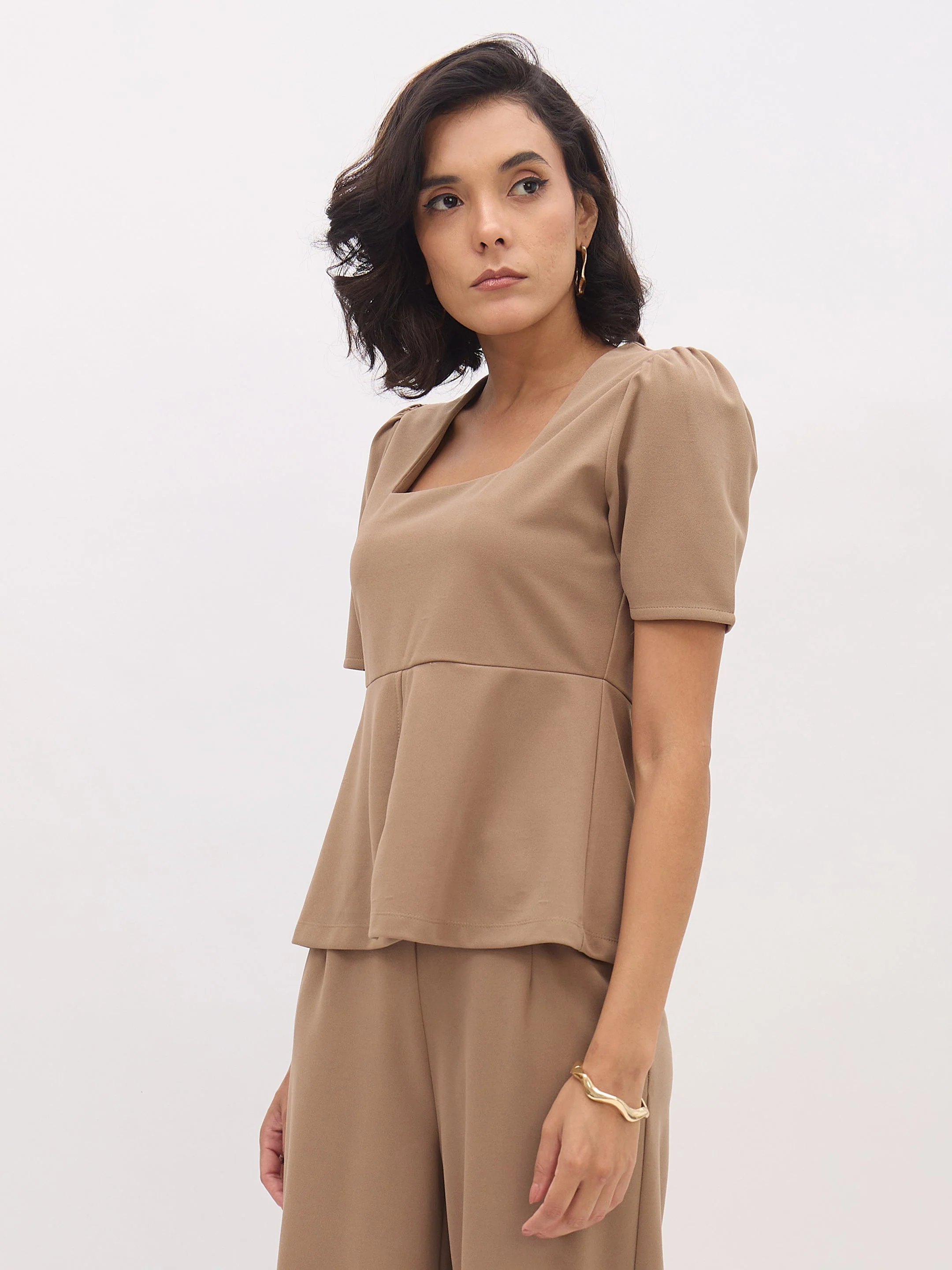 Women Beige Square Neck Front Slit Top - Image 4