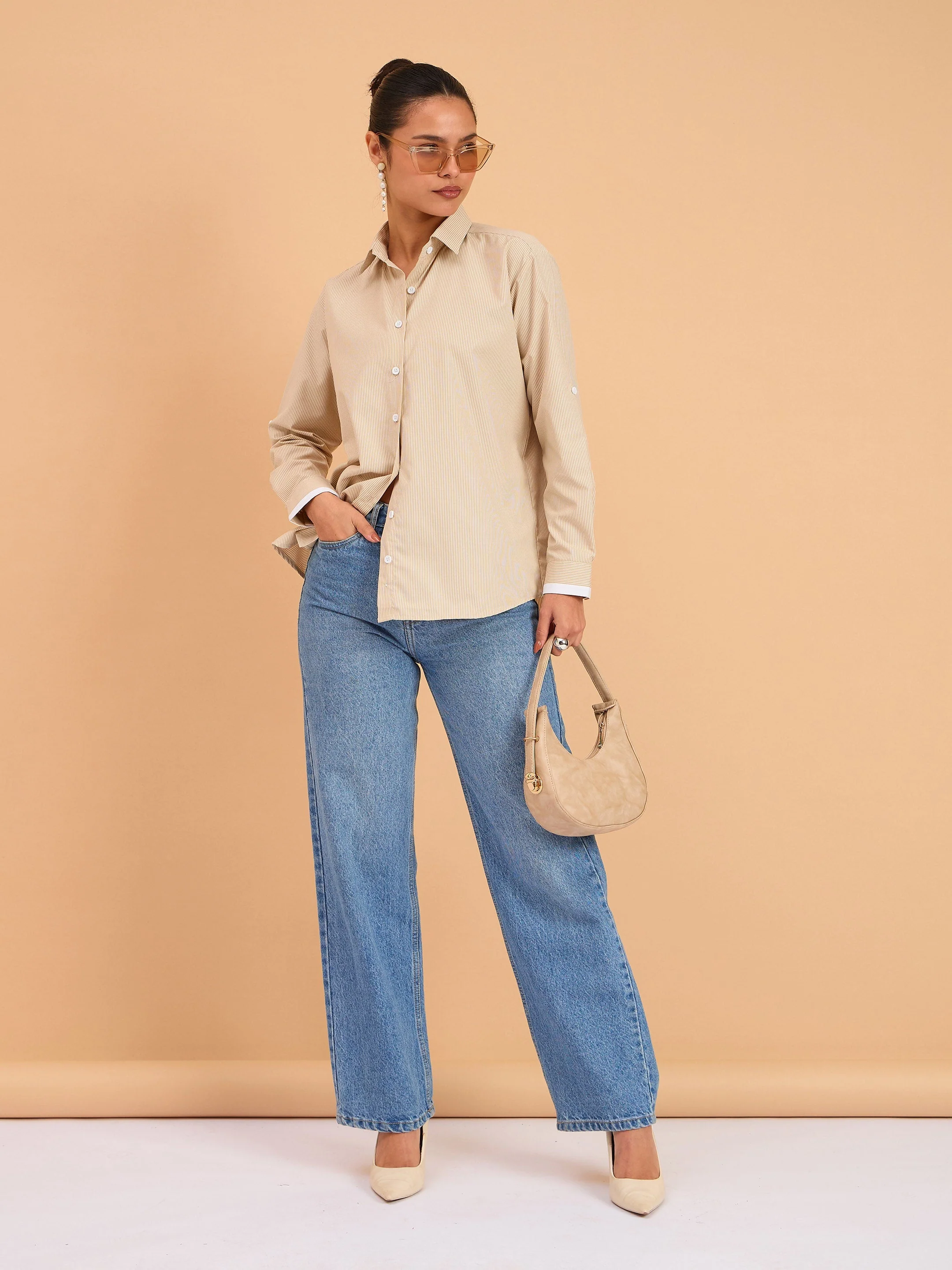 Women Beige Striped Roll Up Sleeves Shirt - Image 2