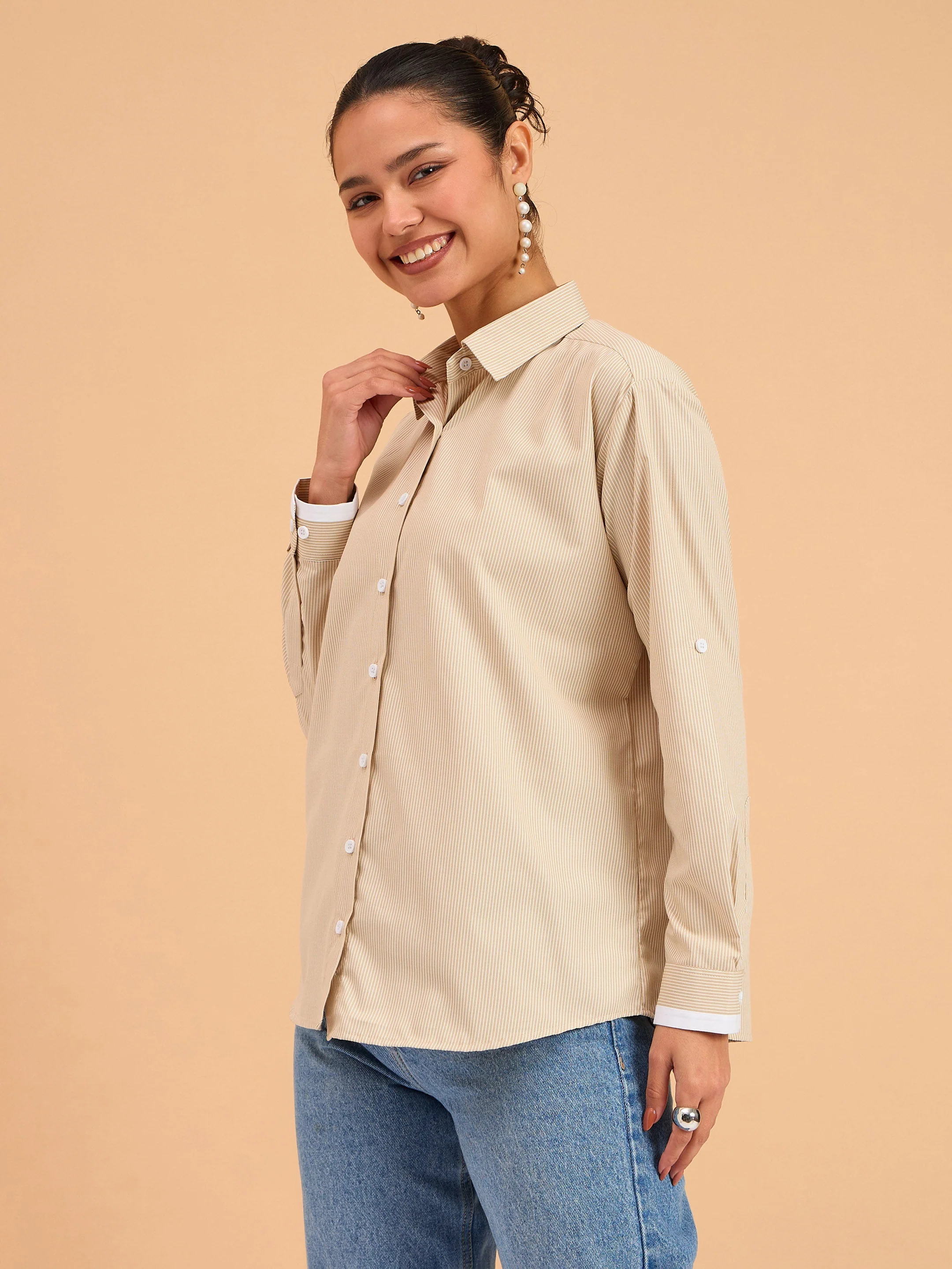 Women Beige Striped Roll Up Sleeves Shirt - Image 3