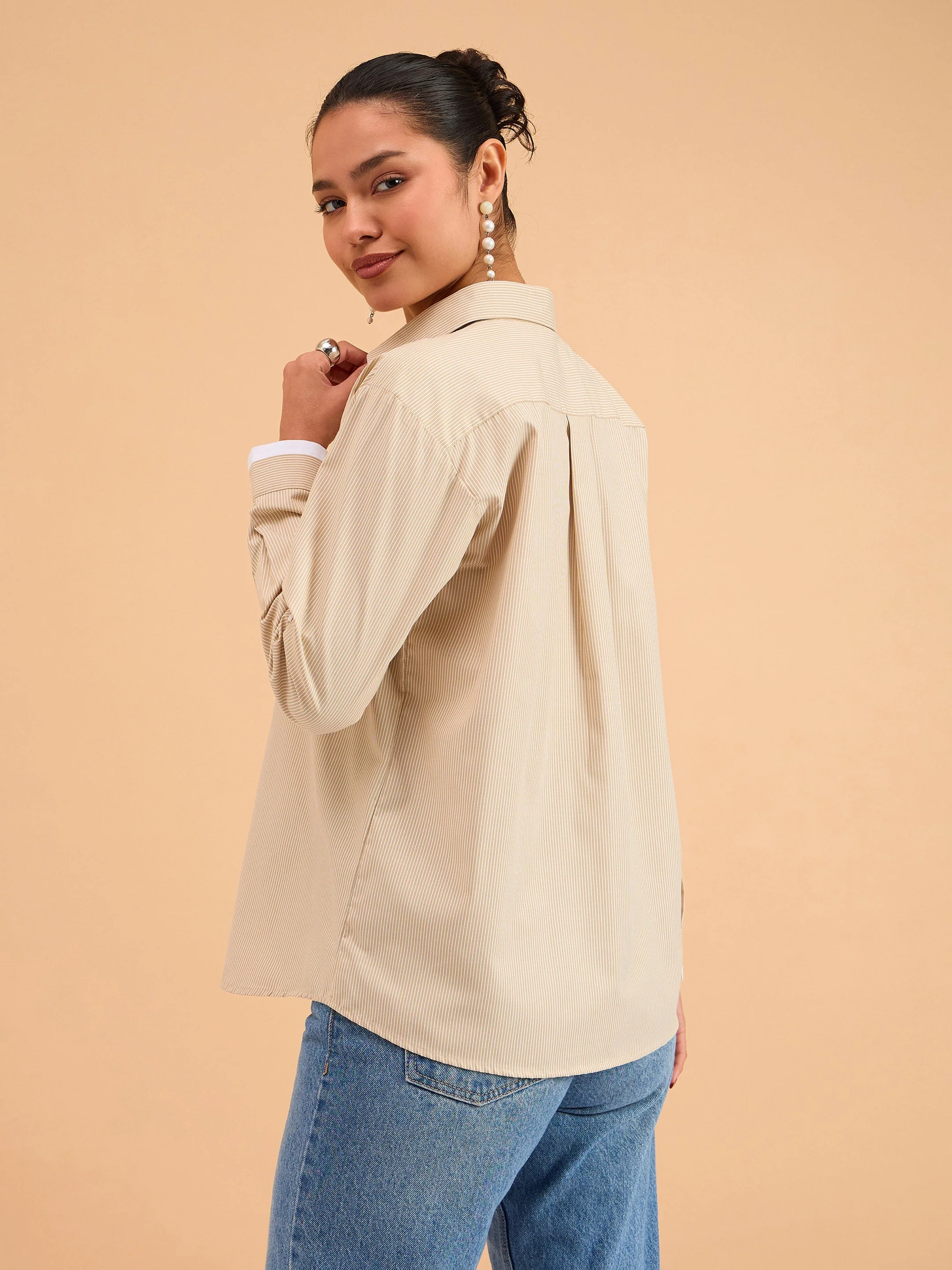 Women Beige Striped Roll Up Sleeves Shirt - Image 5