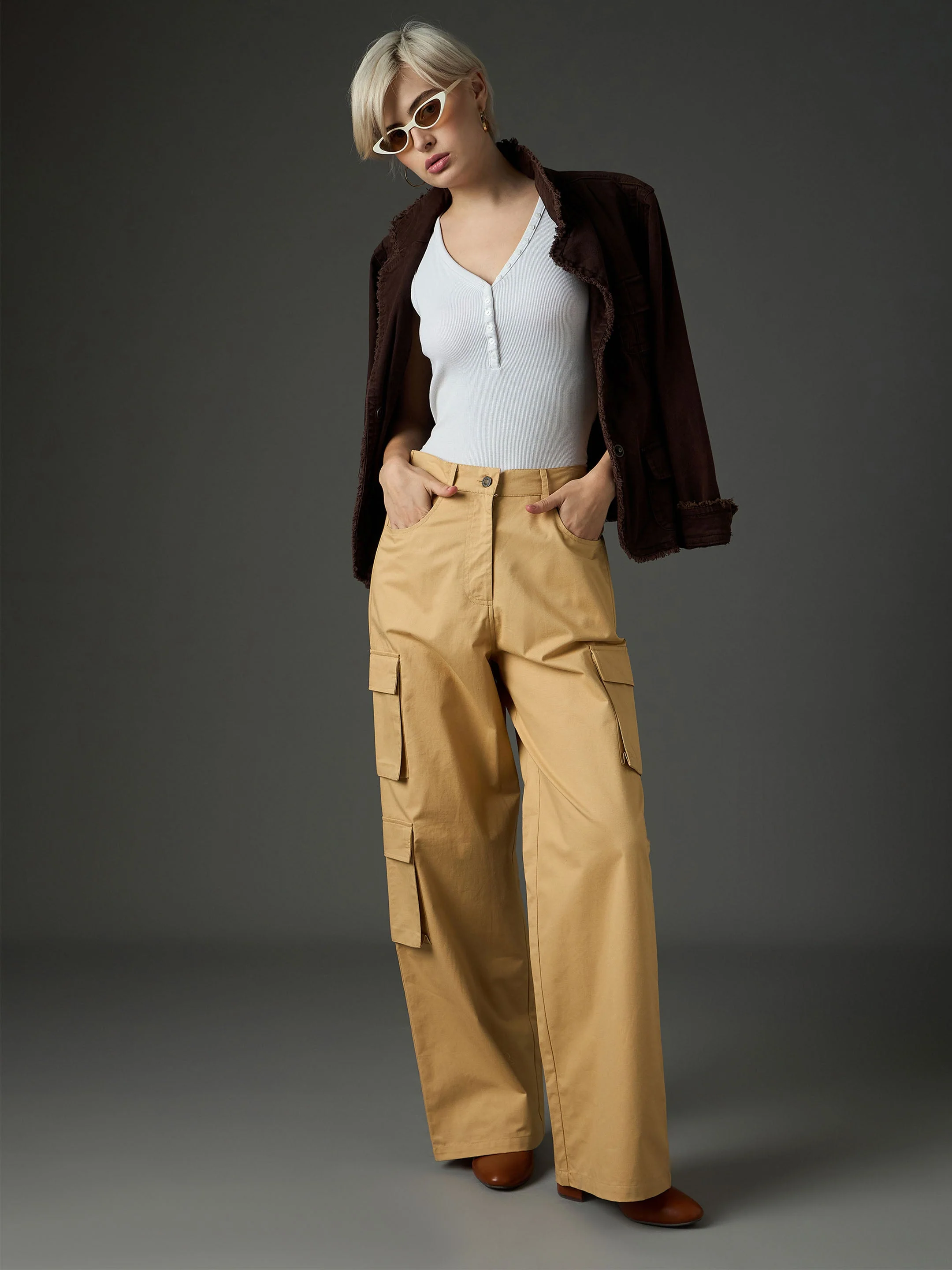 Women Beige Twill Box Pocket Straight Cargo Pants - Image 2