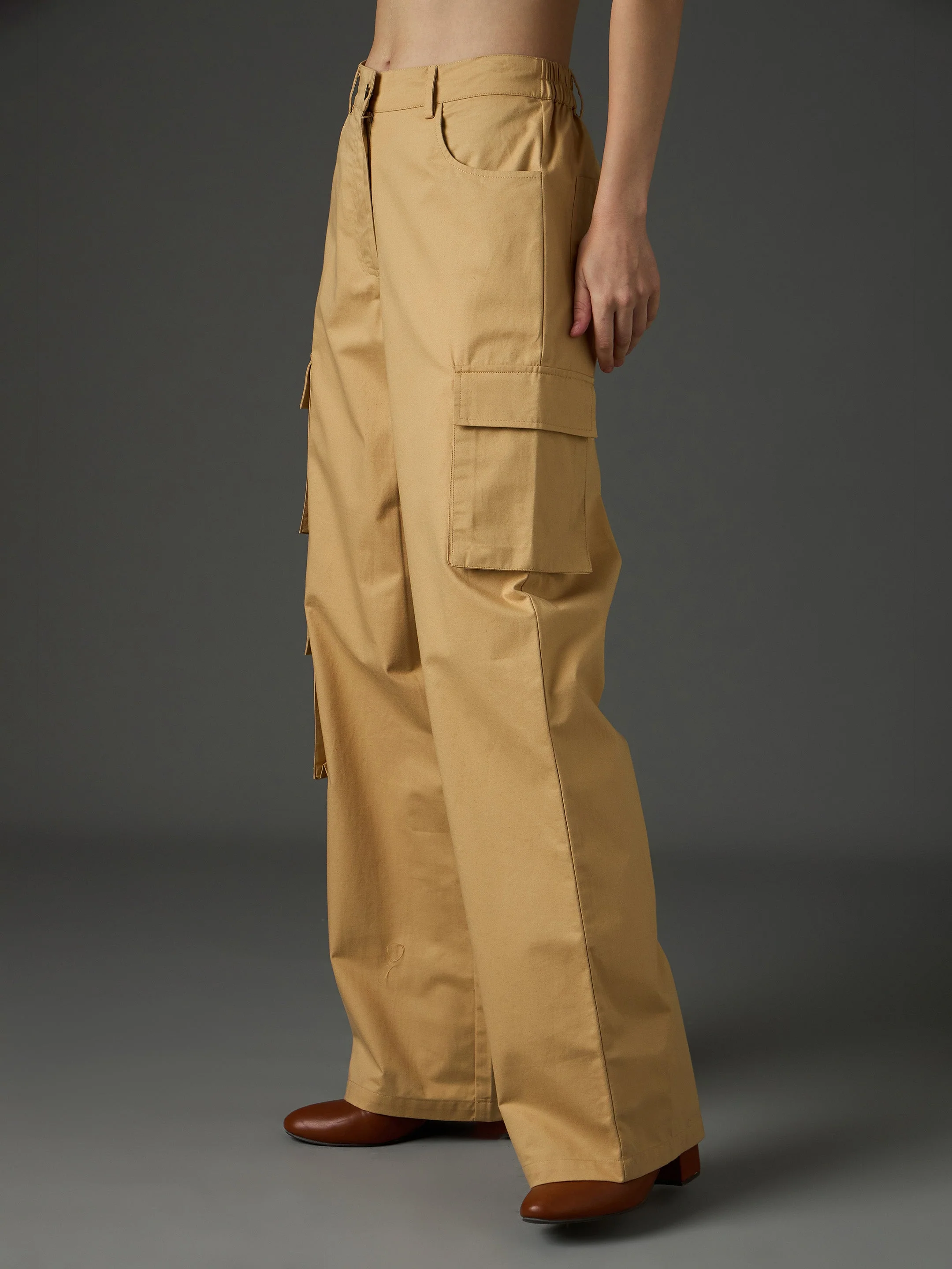 Women Beige Twill Box Pocket Straight Cargo Pants - Image 3