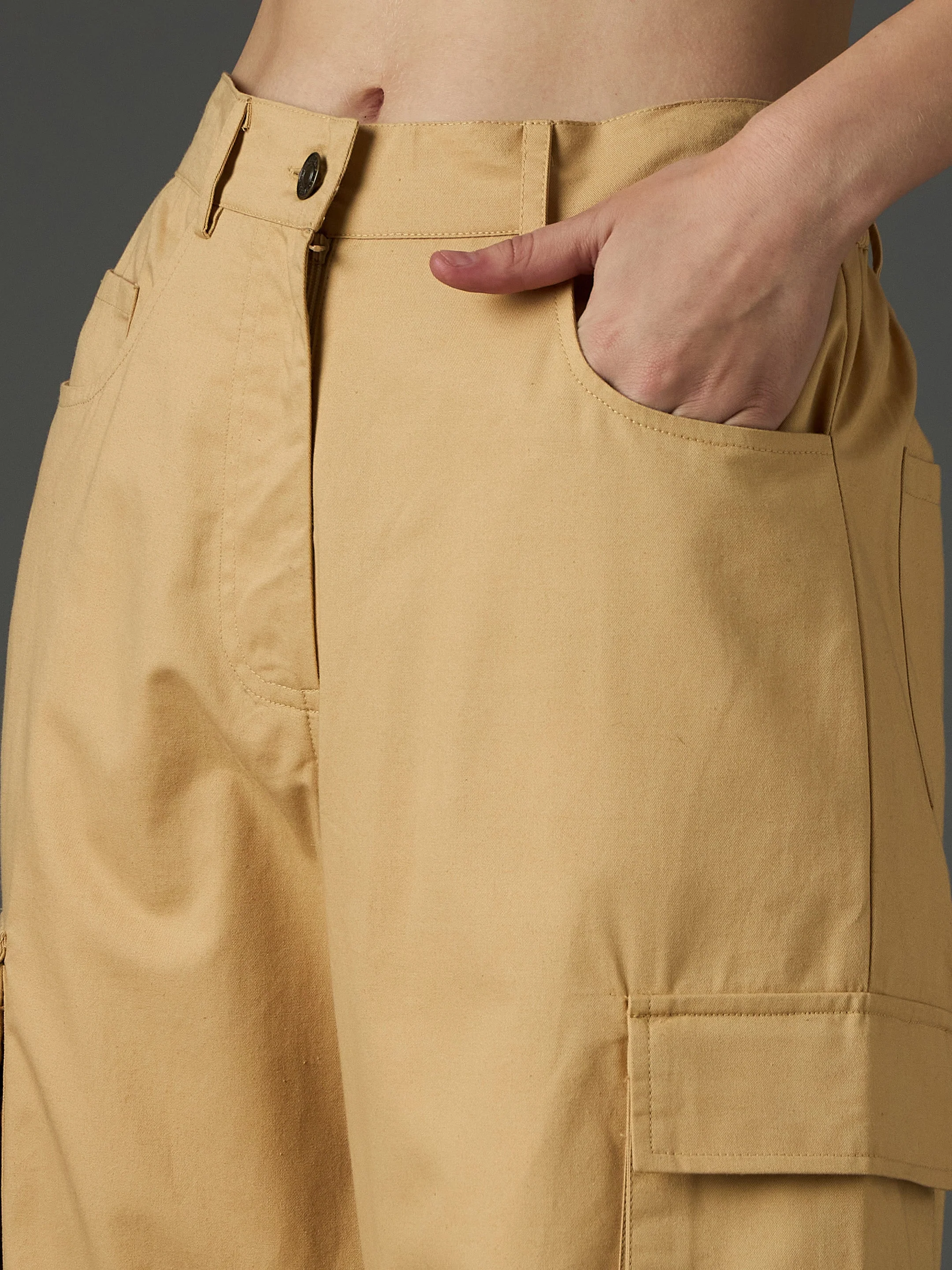 Women Beige Twill Box Pocket Straight Cargo Pants - Image 4