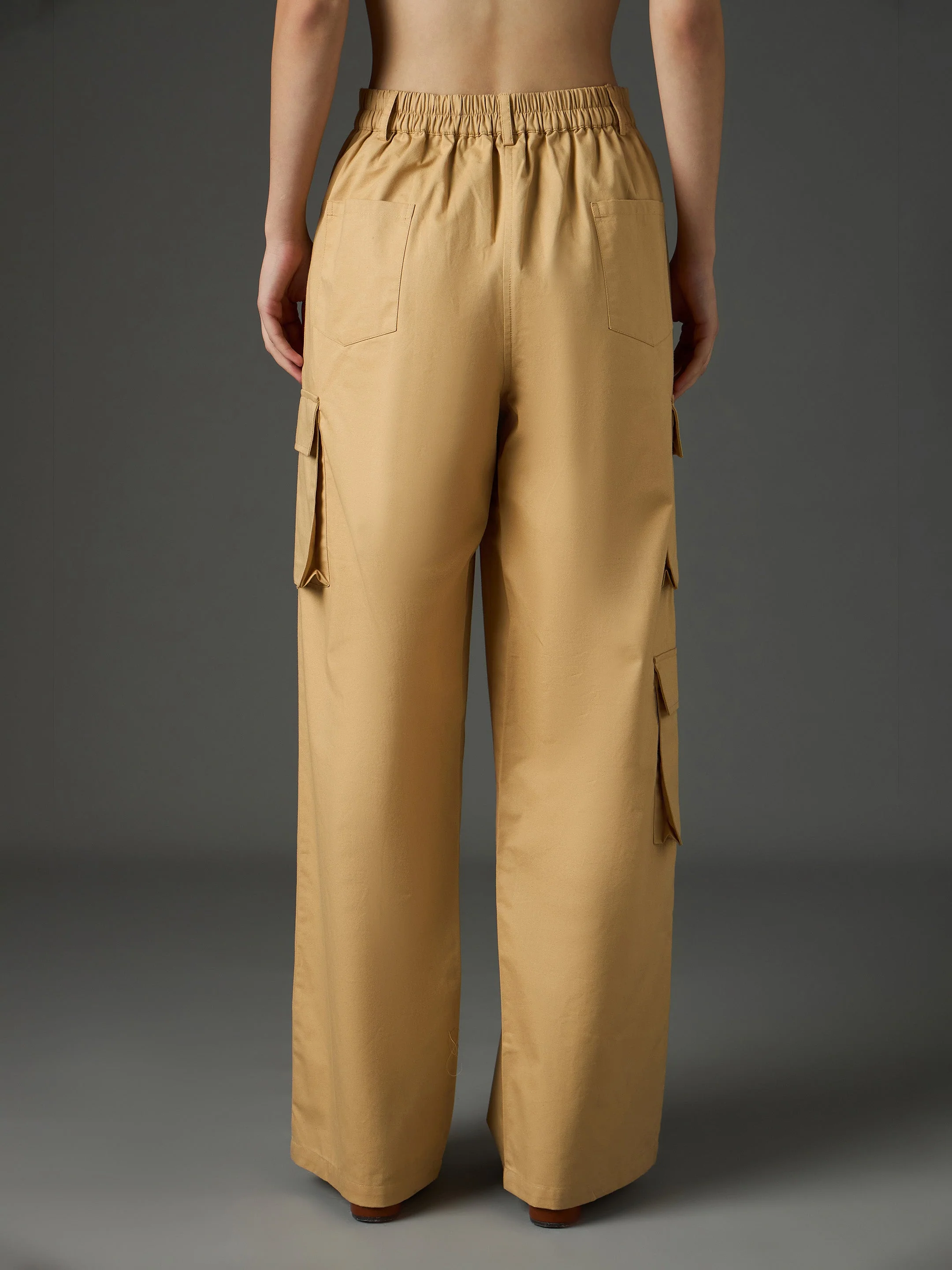 Women Beige Twill Box Pocket Straight Cargo Pants - Image 5
