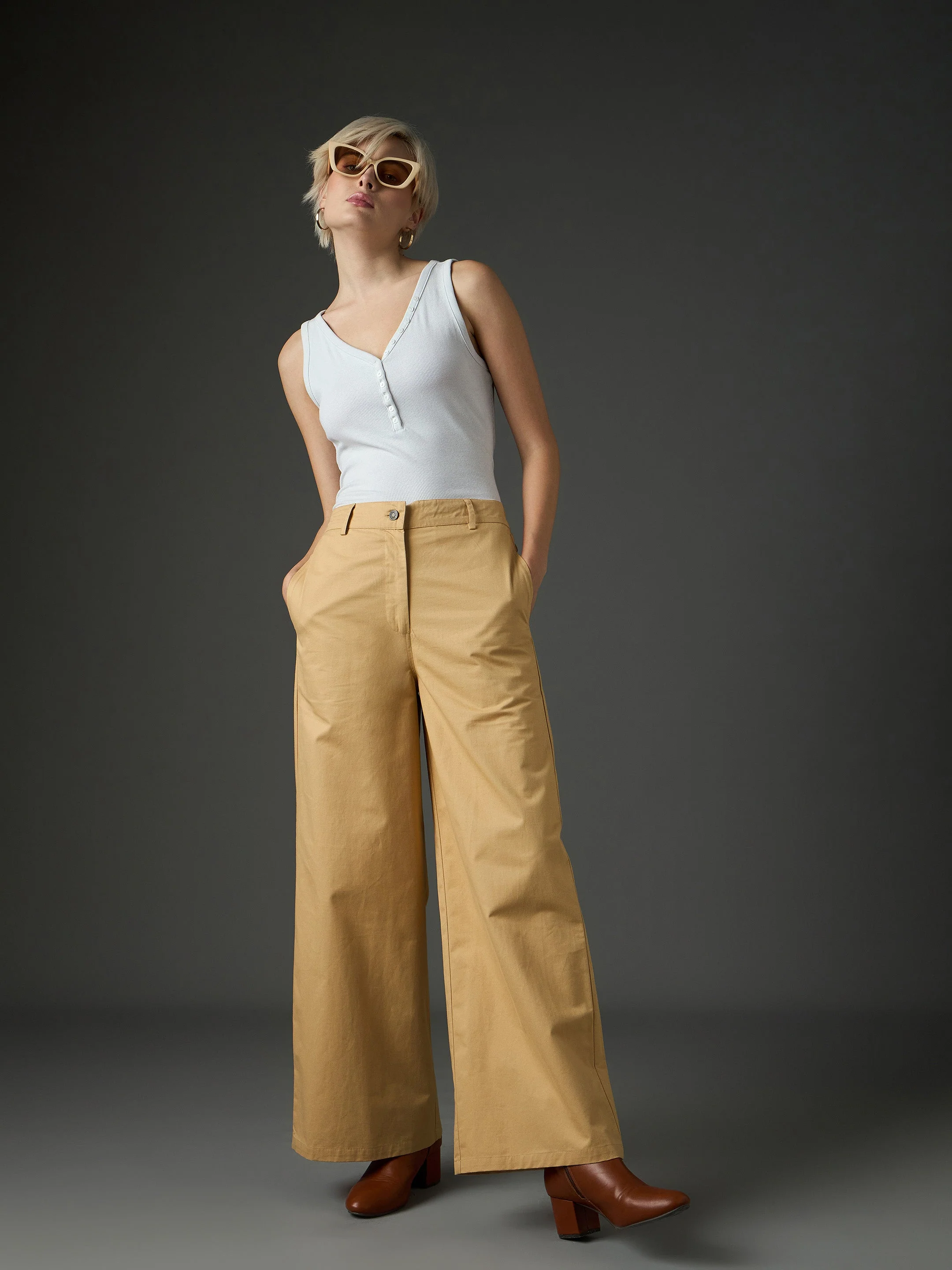 Women Beige Twill Flared Pants - Image 2