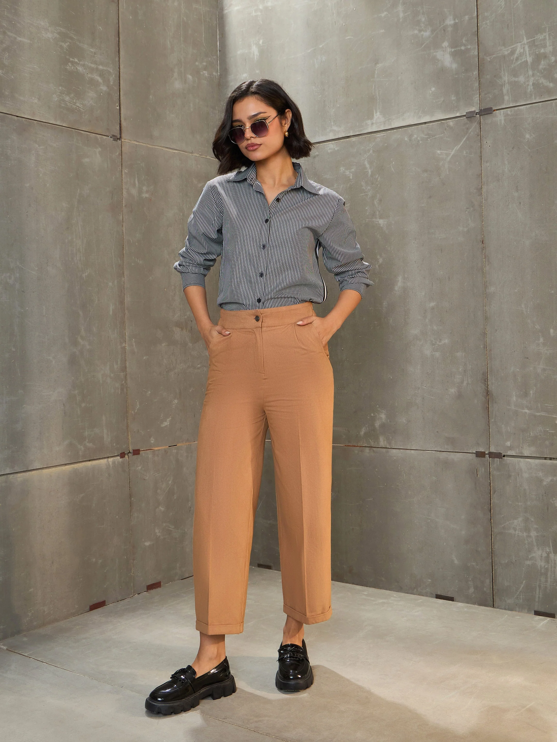 Women Beige Twill Wide Leg Pants - Image 6