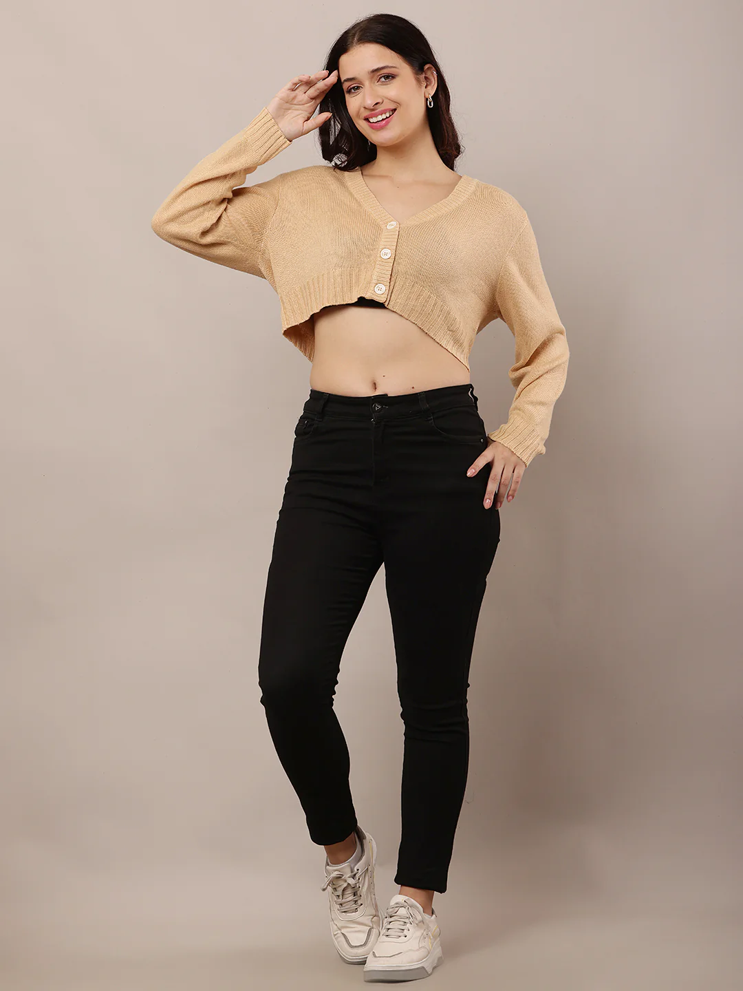 Women Beige V-Neck Cardigan - Image 3