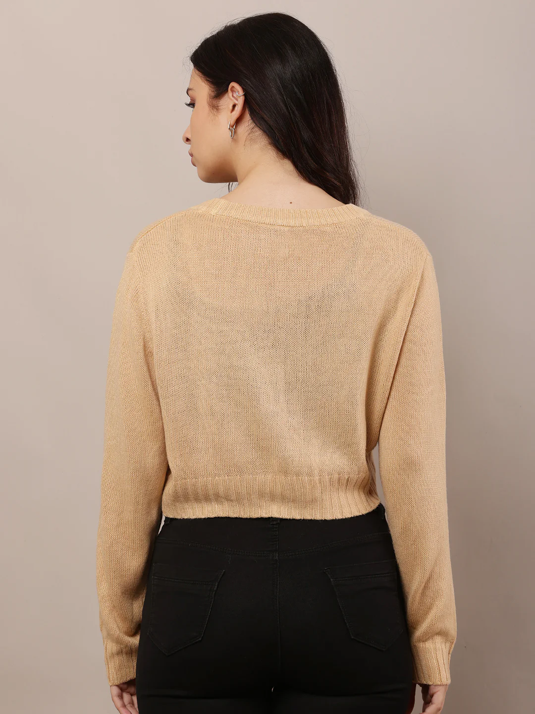 Women Beige V-Neck Cardigan - Image 4