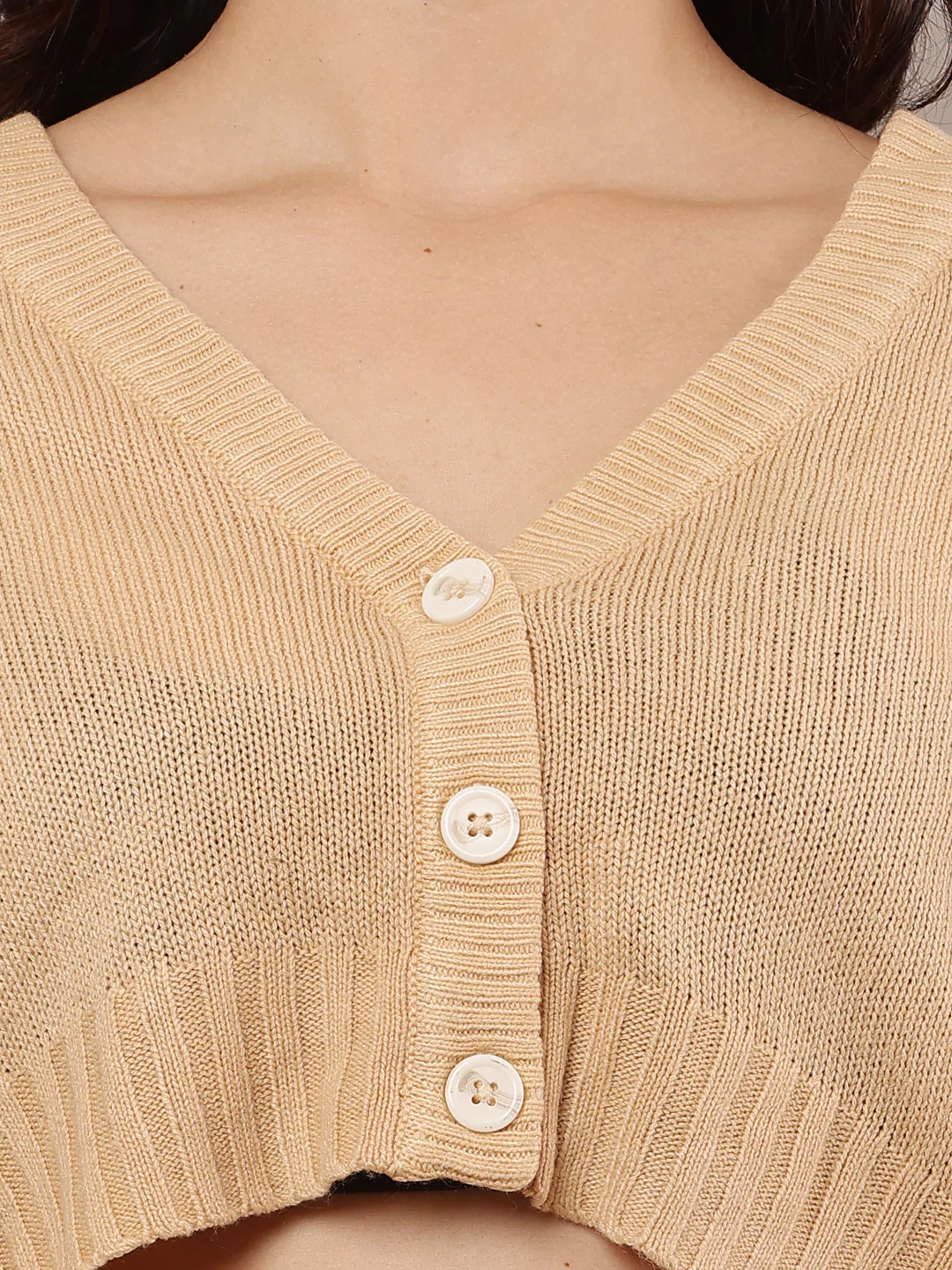 Women Beige V-Neck Cardigan - Image 5