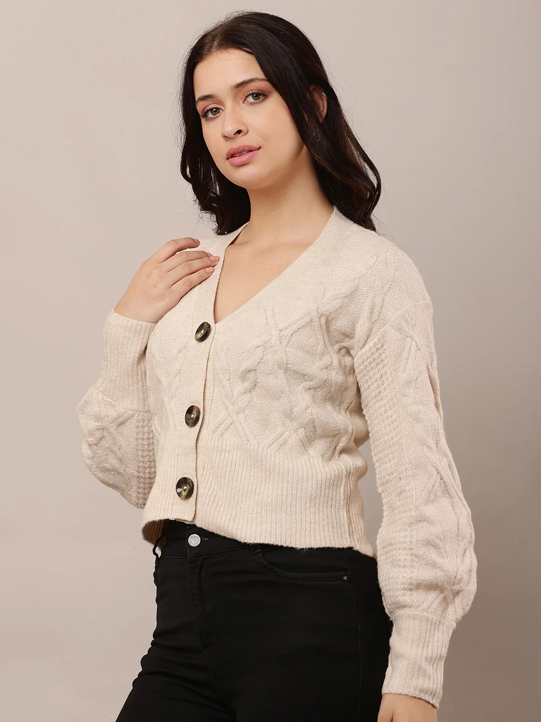 Women Beige V-Neck Cardigan - Image 2