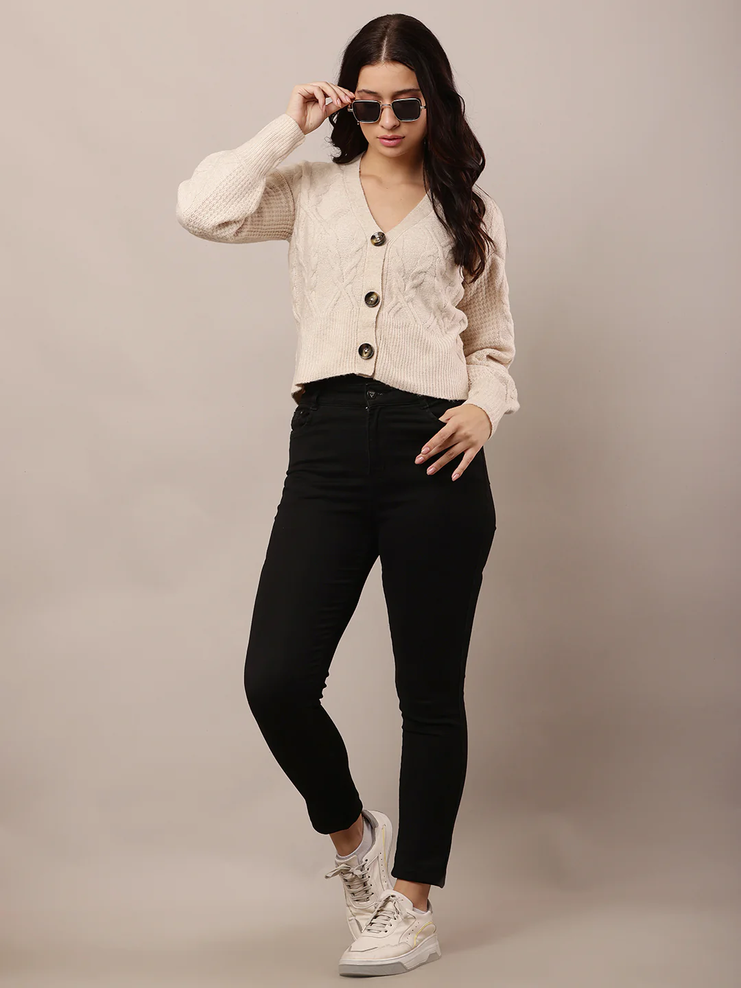 Women Beige V-Neck Cardigan - Image 3
