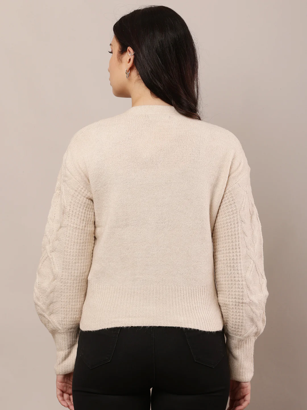 Women Beige V-Neck Cardigan - Image 4