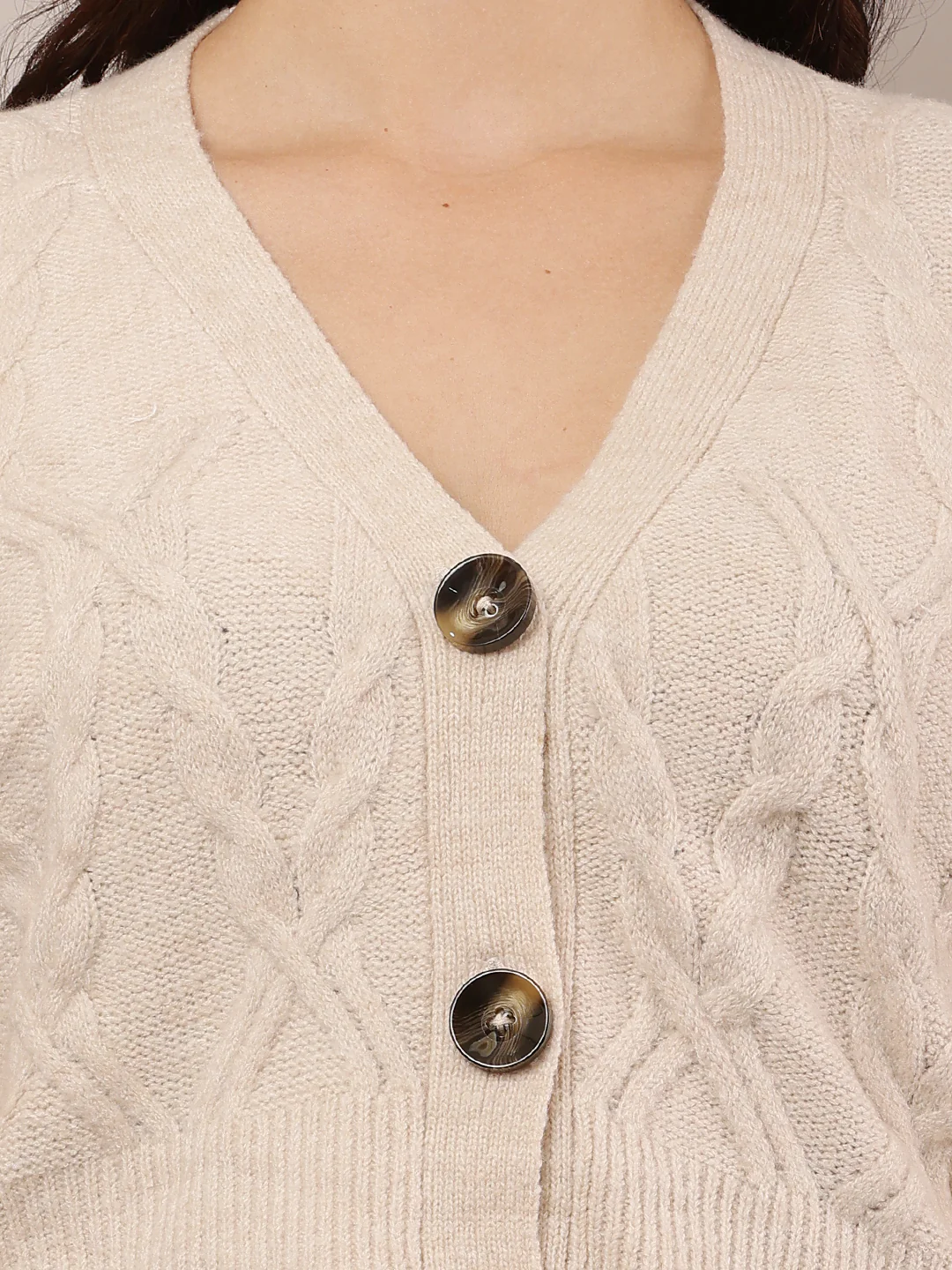 Women Beige V-Neck Cardigan - Image 5