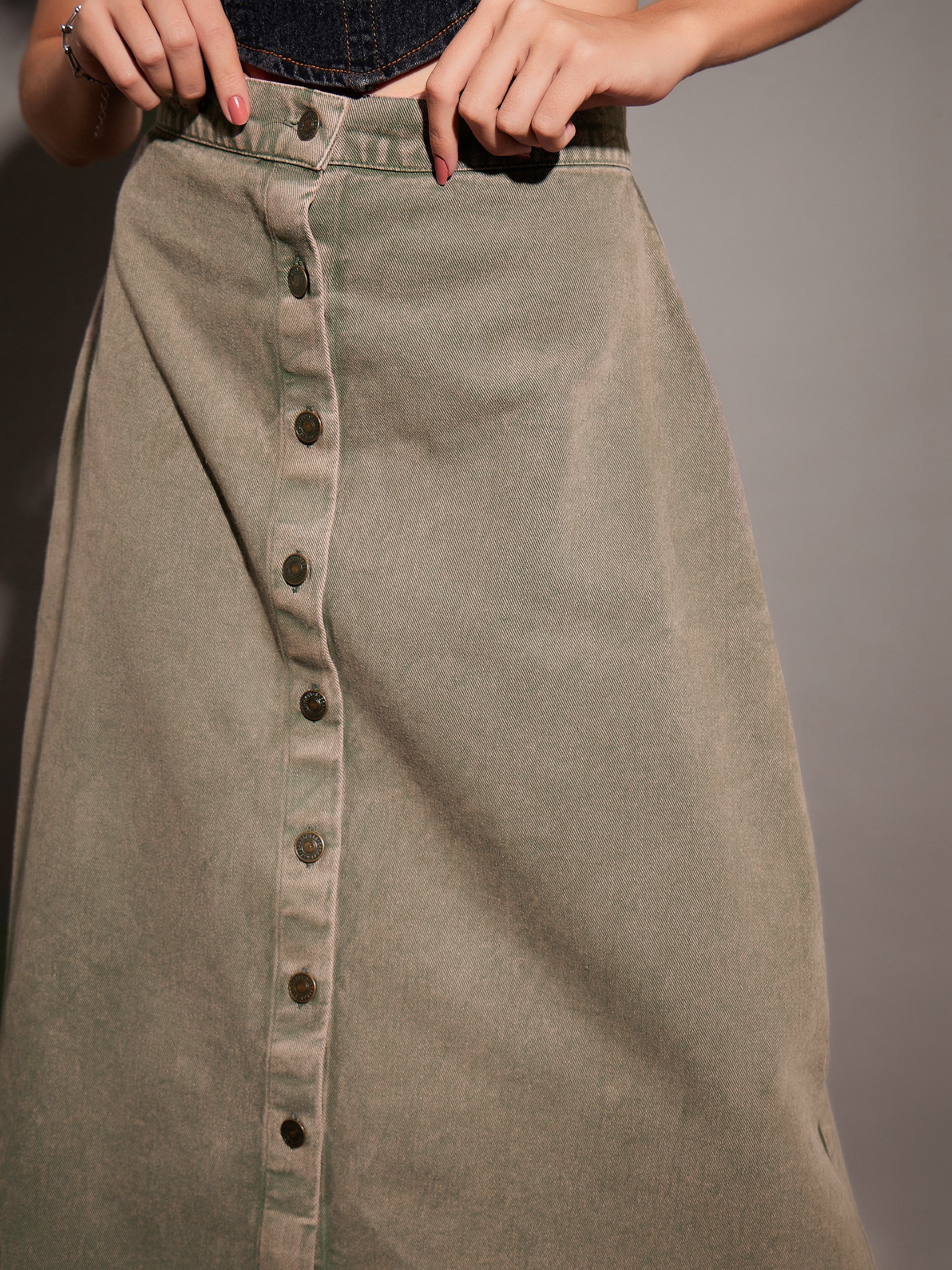 Women Beige Washed Denim A-Line Skirt - Image 4