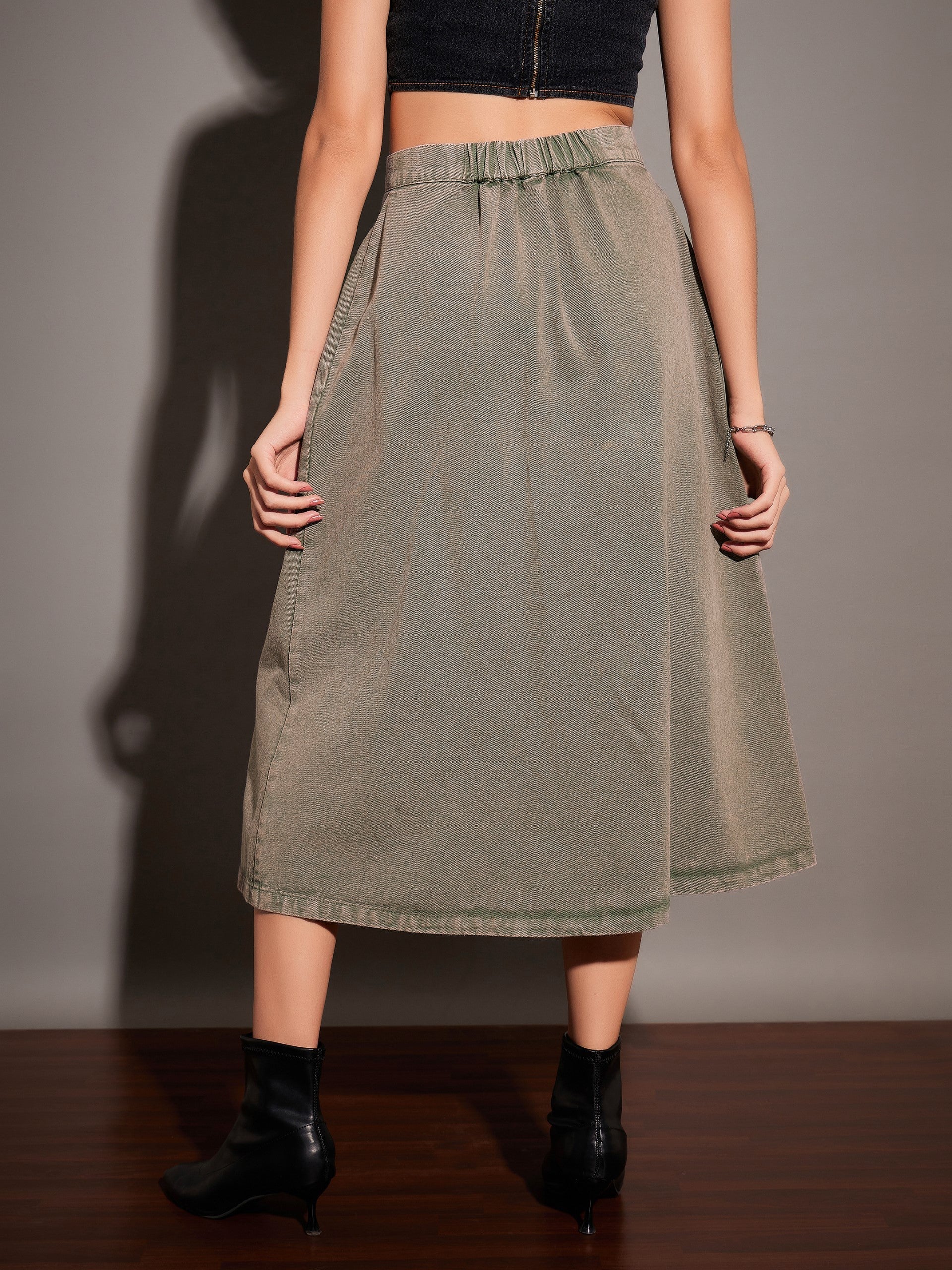 Women Beige Washed Denim A-Line Skirt - Image 5