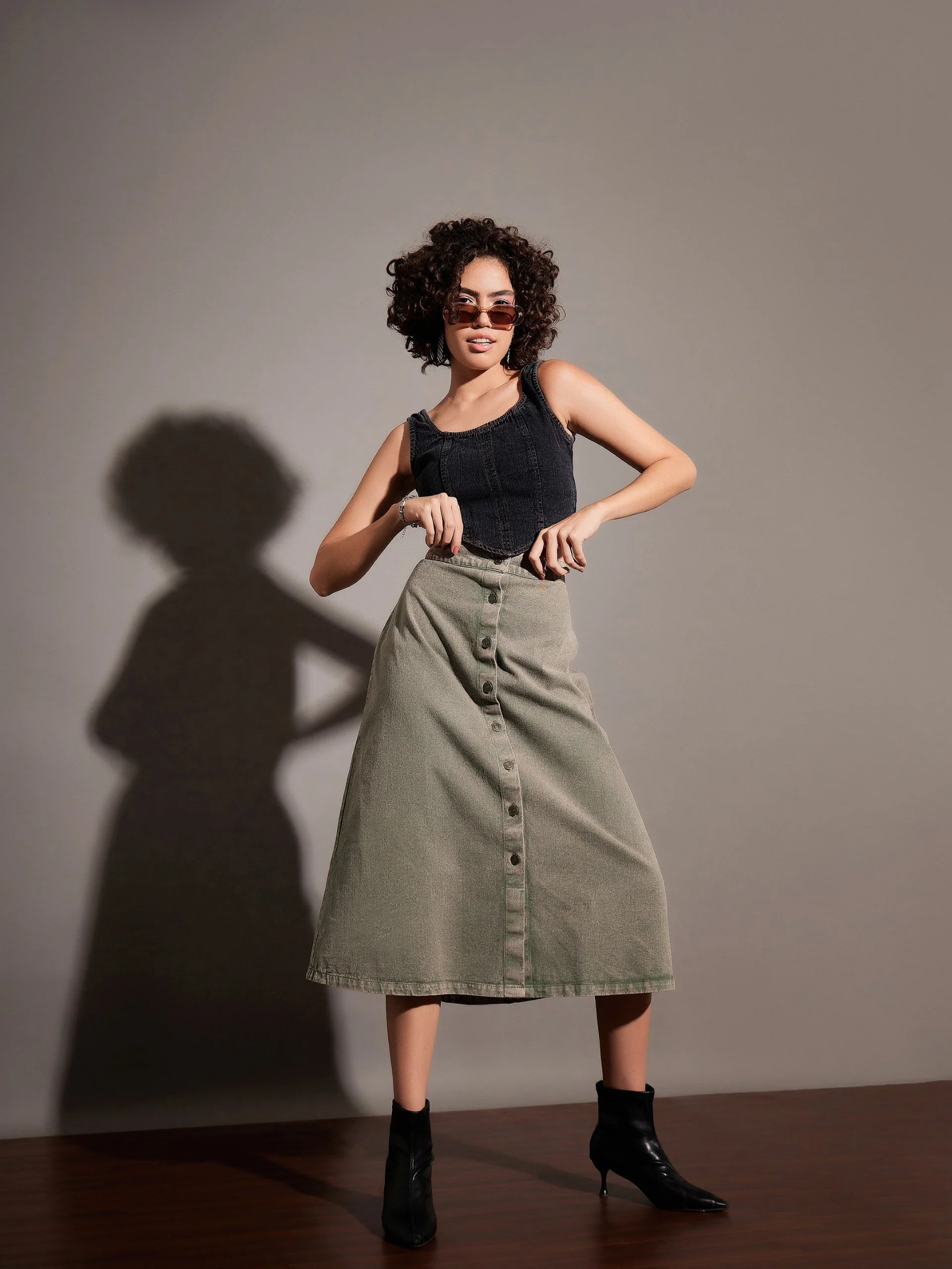 Women Beige Washed Denim A-Line Skirt - Image 6