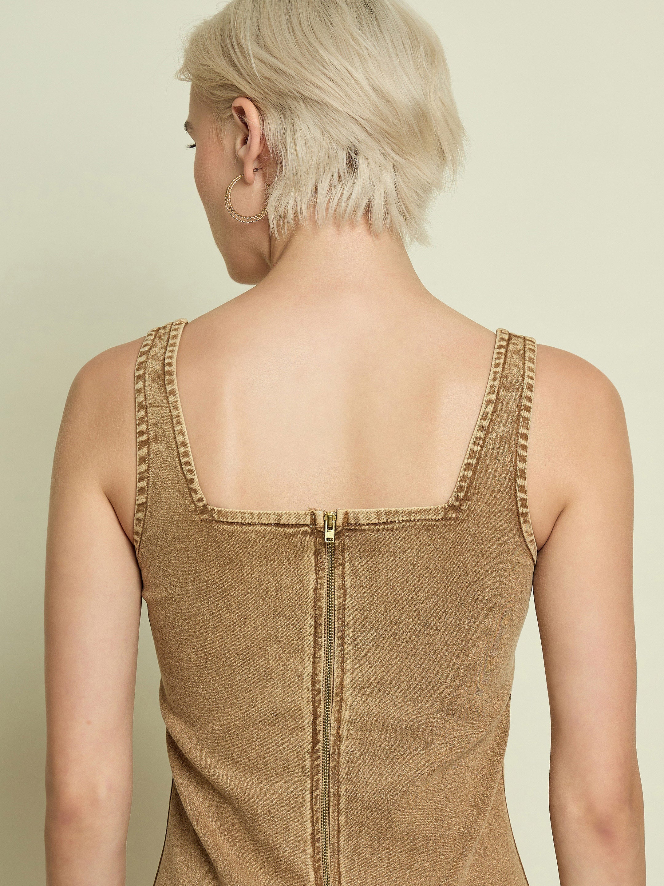 Women Beige Washed Denim Strappy Midi Dress - Image 5