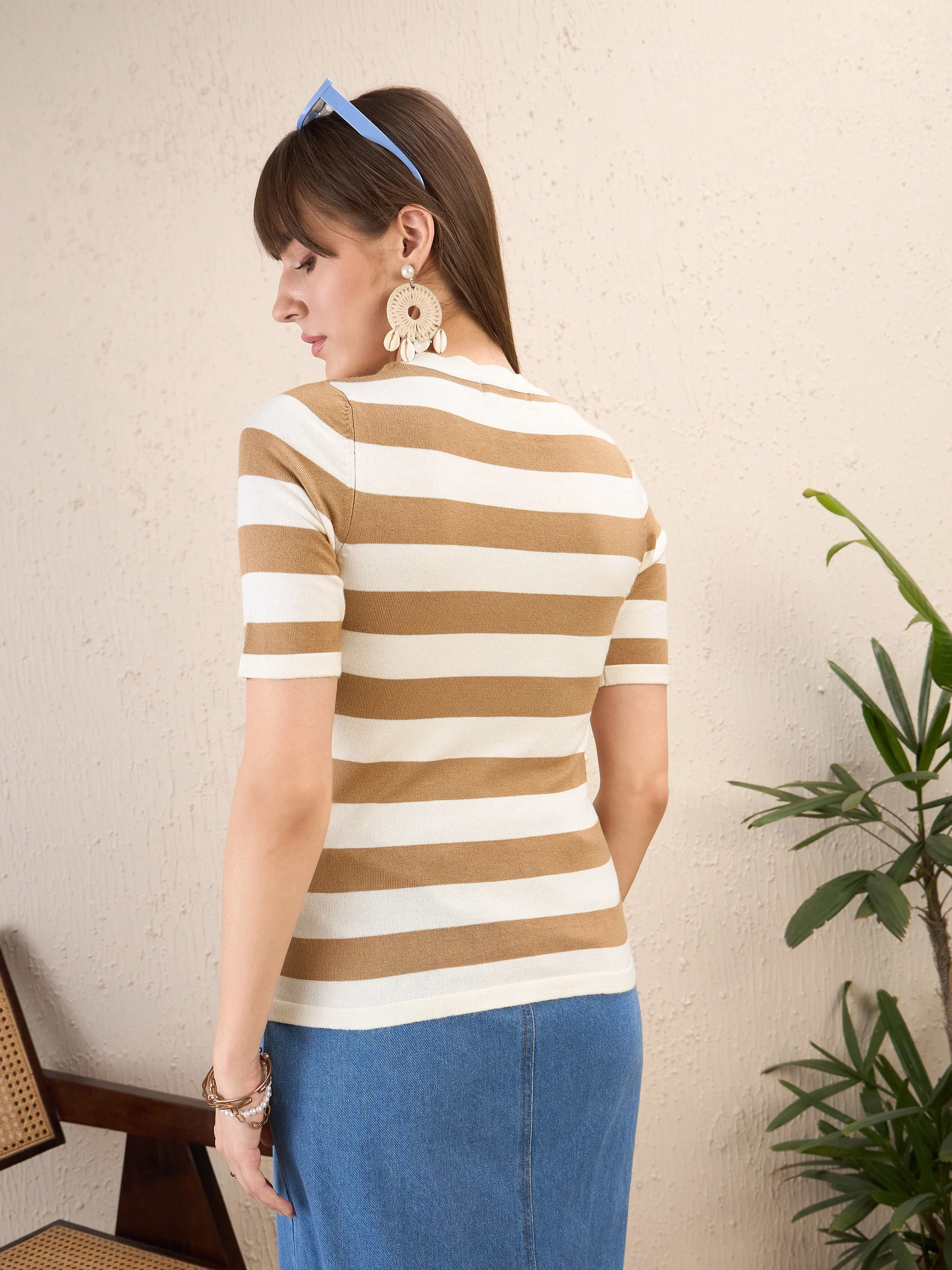 Women Beige & White Striped Acrylic Top - Image 2