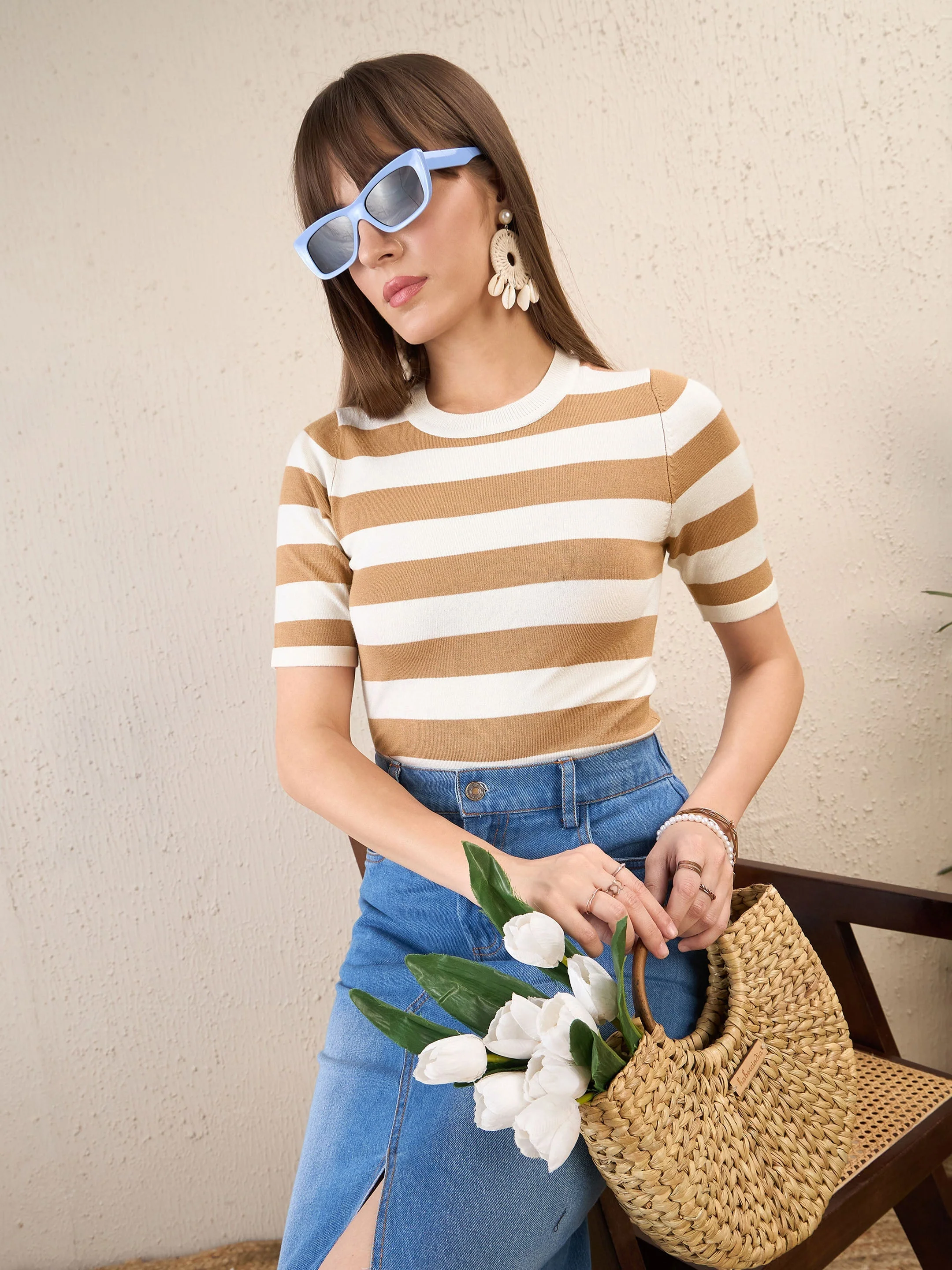 Women Beige & White Striped Acrylic Top - Image 5