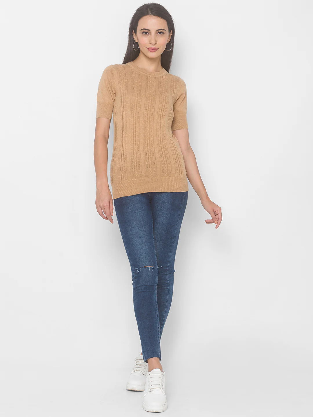 Women Beige Self Design Sweatshirt - Image 2
