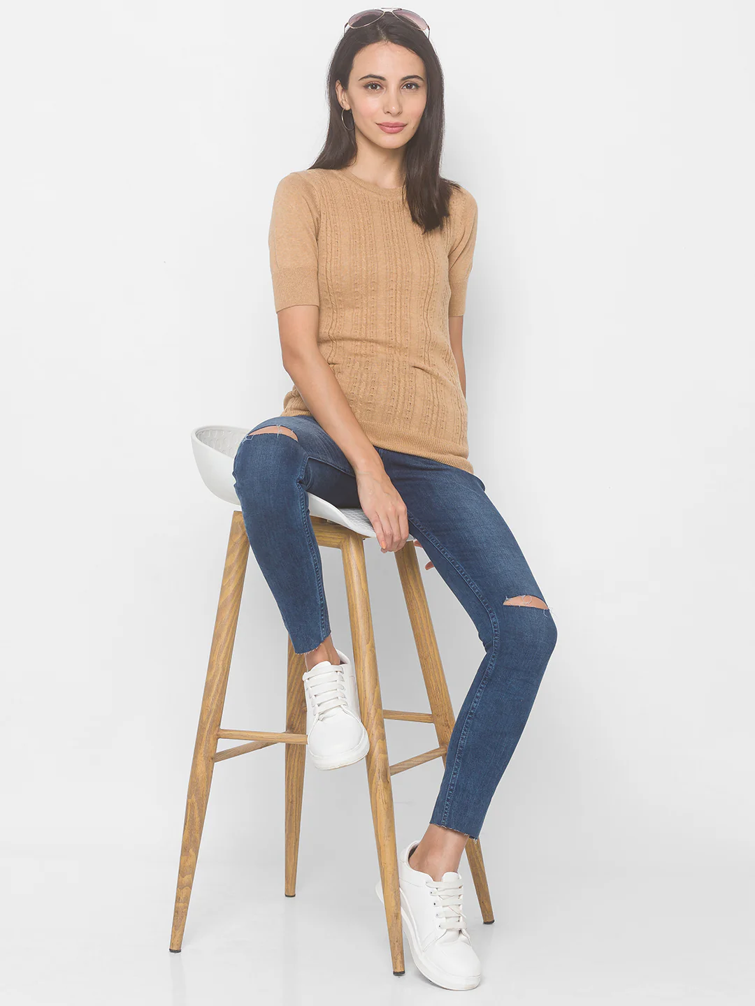 Women Beige Self Design Sweatshirt - Image 4