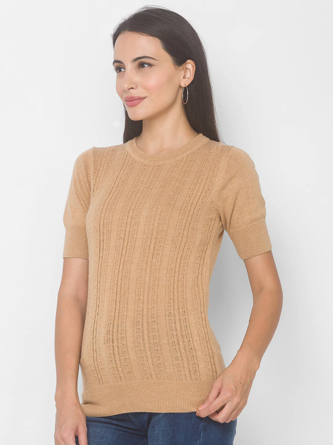 Women Beige Self Design Sweatshirt - Image 6