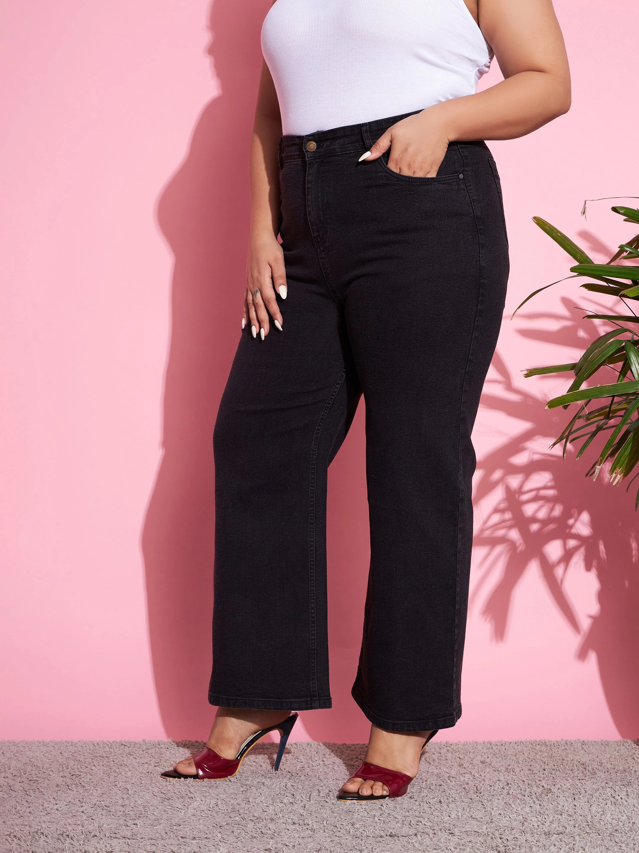 Women Black Acid Wash Denim Bell Bottom Jeans - Image 3