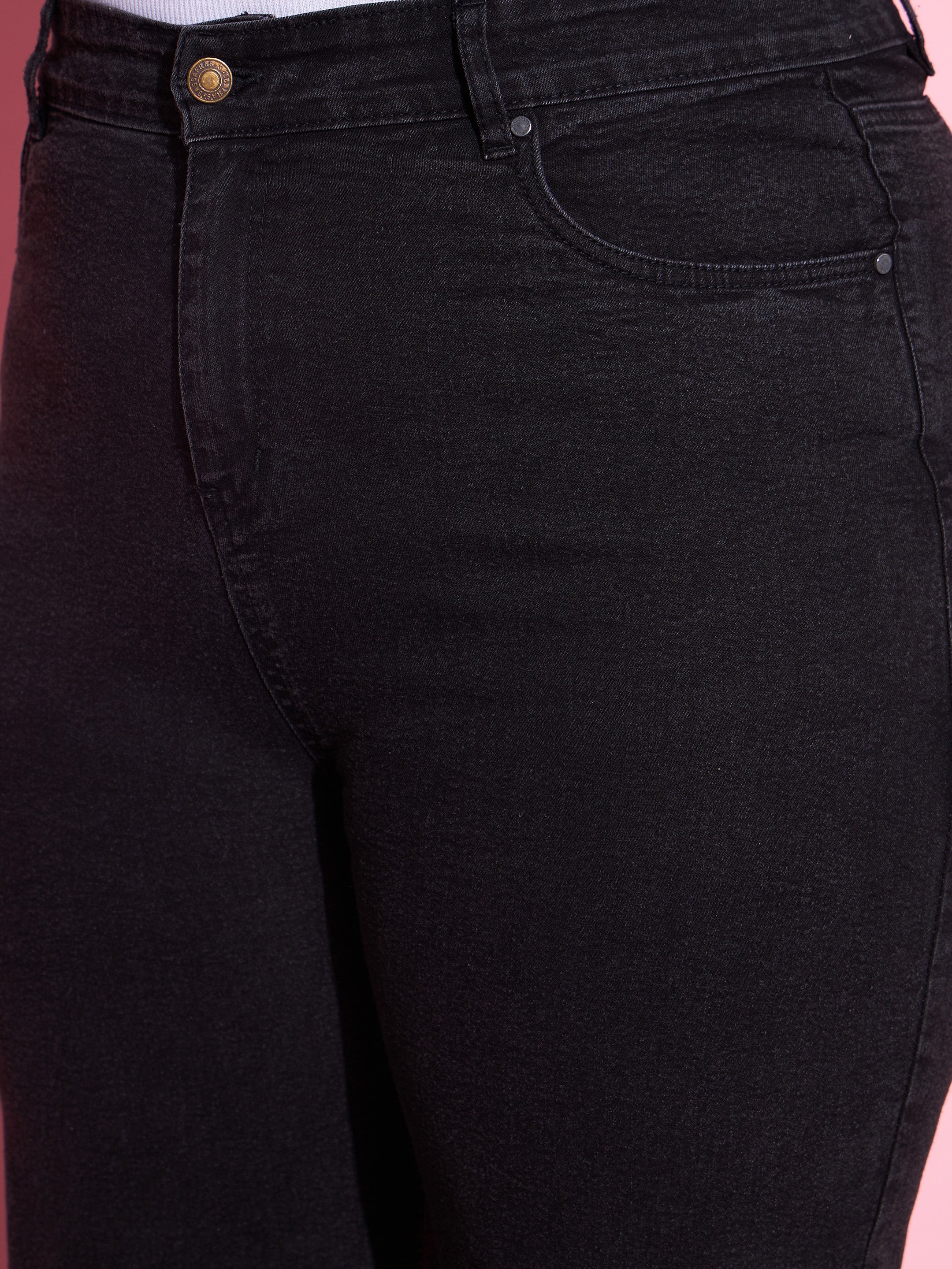 Women Black Acid Wash Denim Bell Bottom Jeans - Image 4
