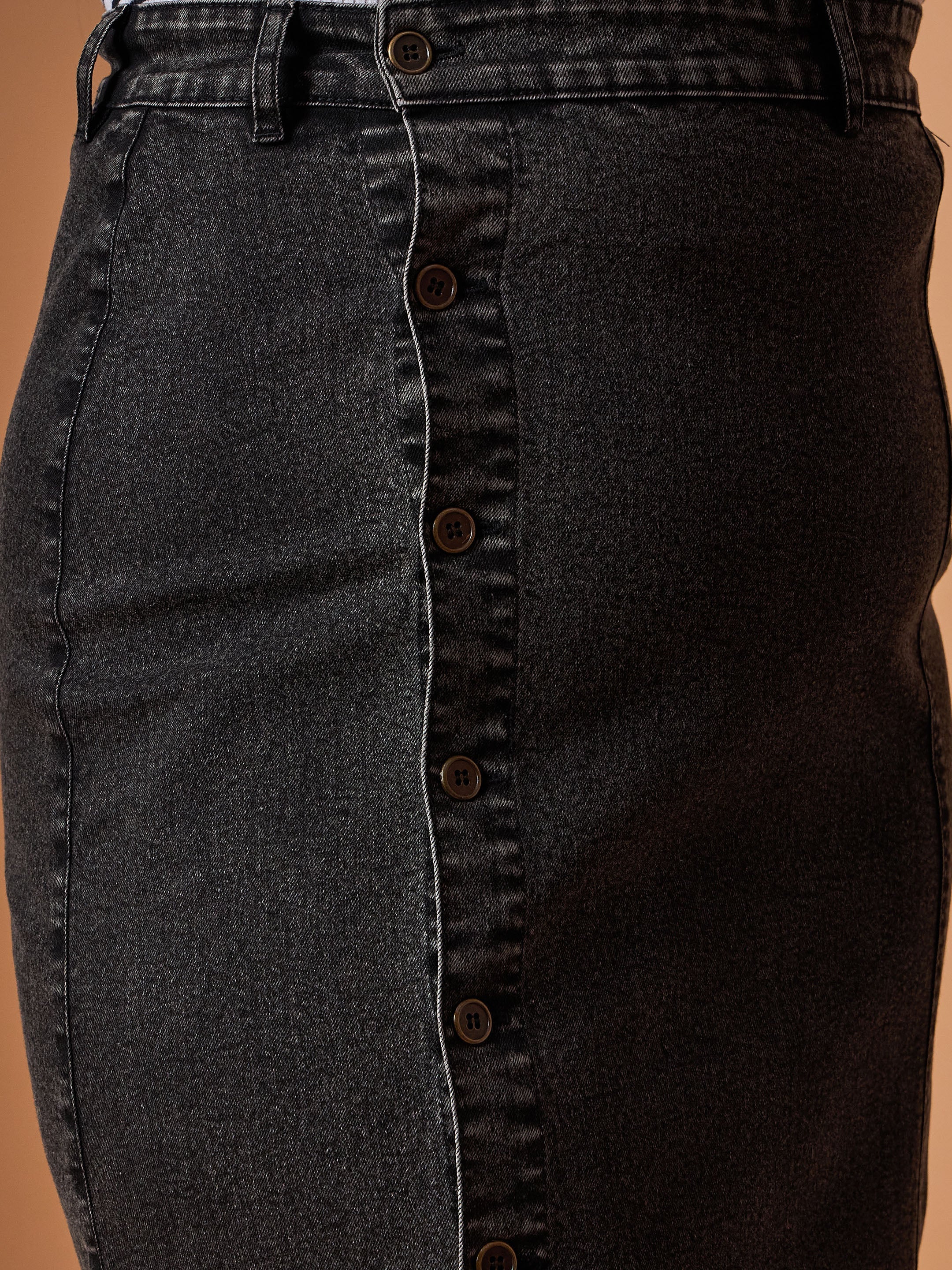 Women Black Acid Wash Denim Side Button Midi Skirt - Image 4