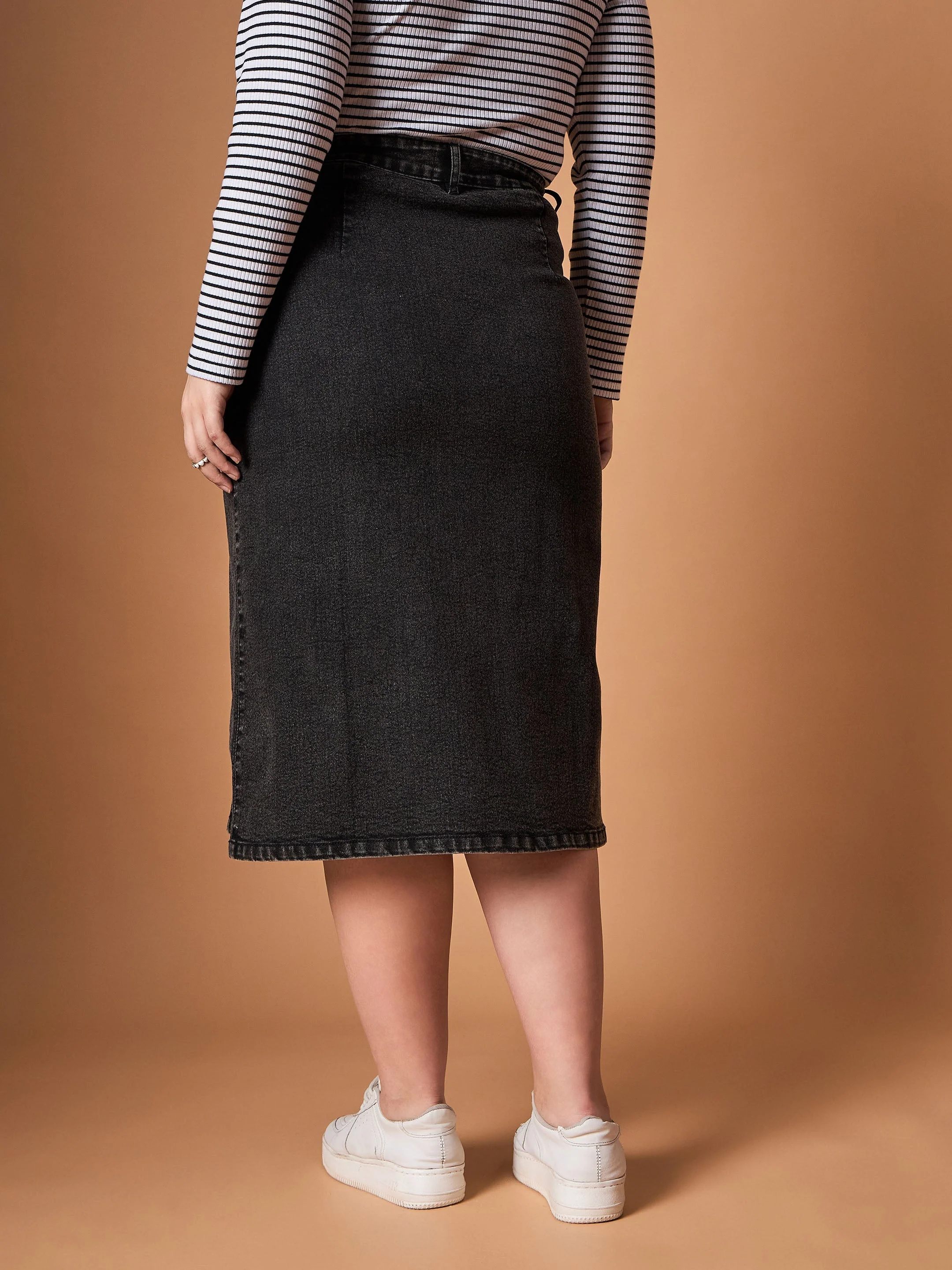 Women Black Acid Wash Denim Side Button Midi Skirt - Image 5
