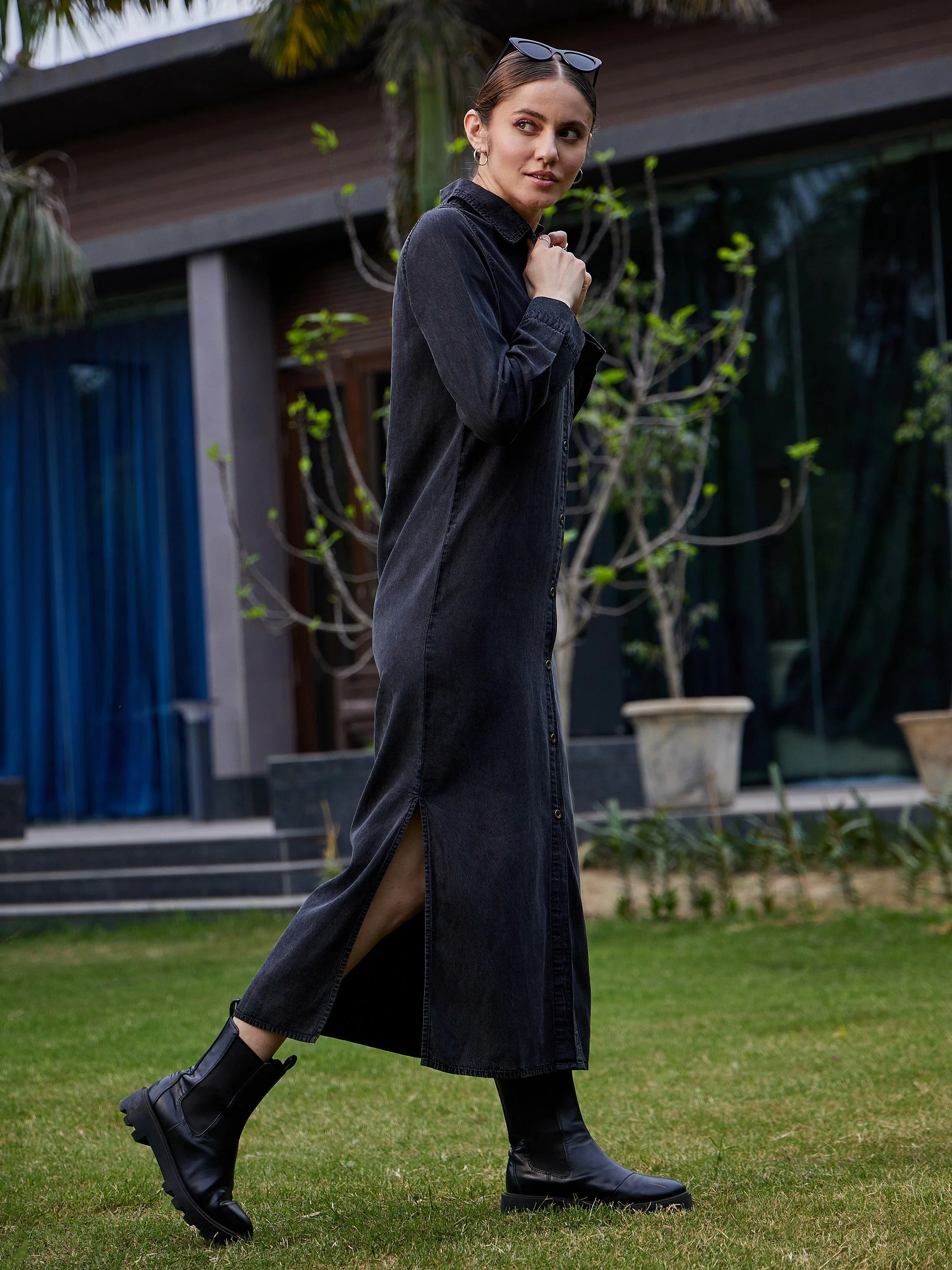 Women Black Acid Wash Tencel Maxi Shirt Dress - Image 3