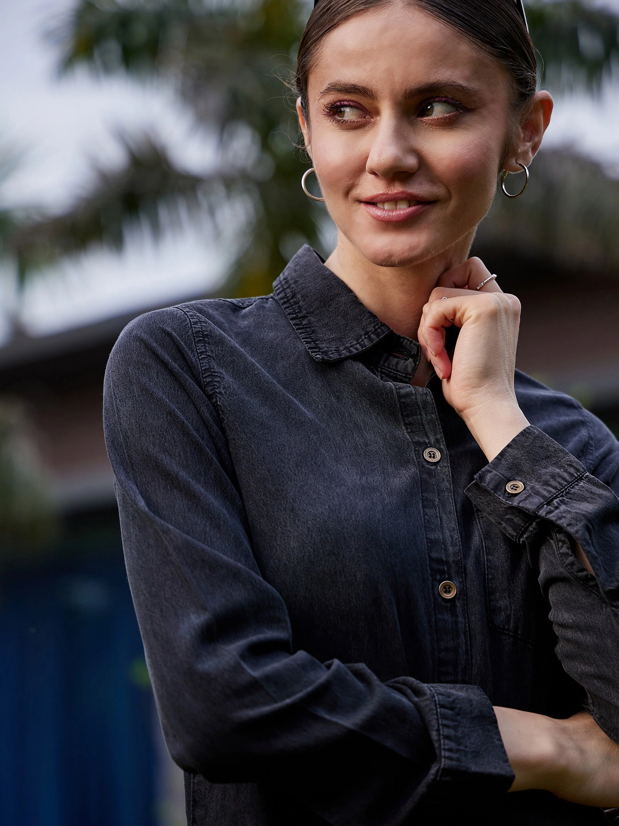 Women Black Acid Wash Tencel Maxi Shirt Dress - Image 4