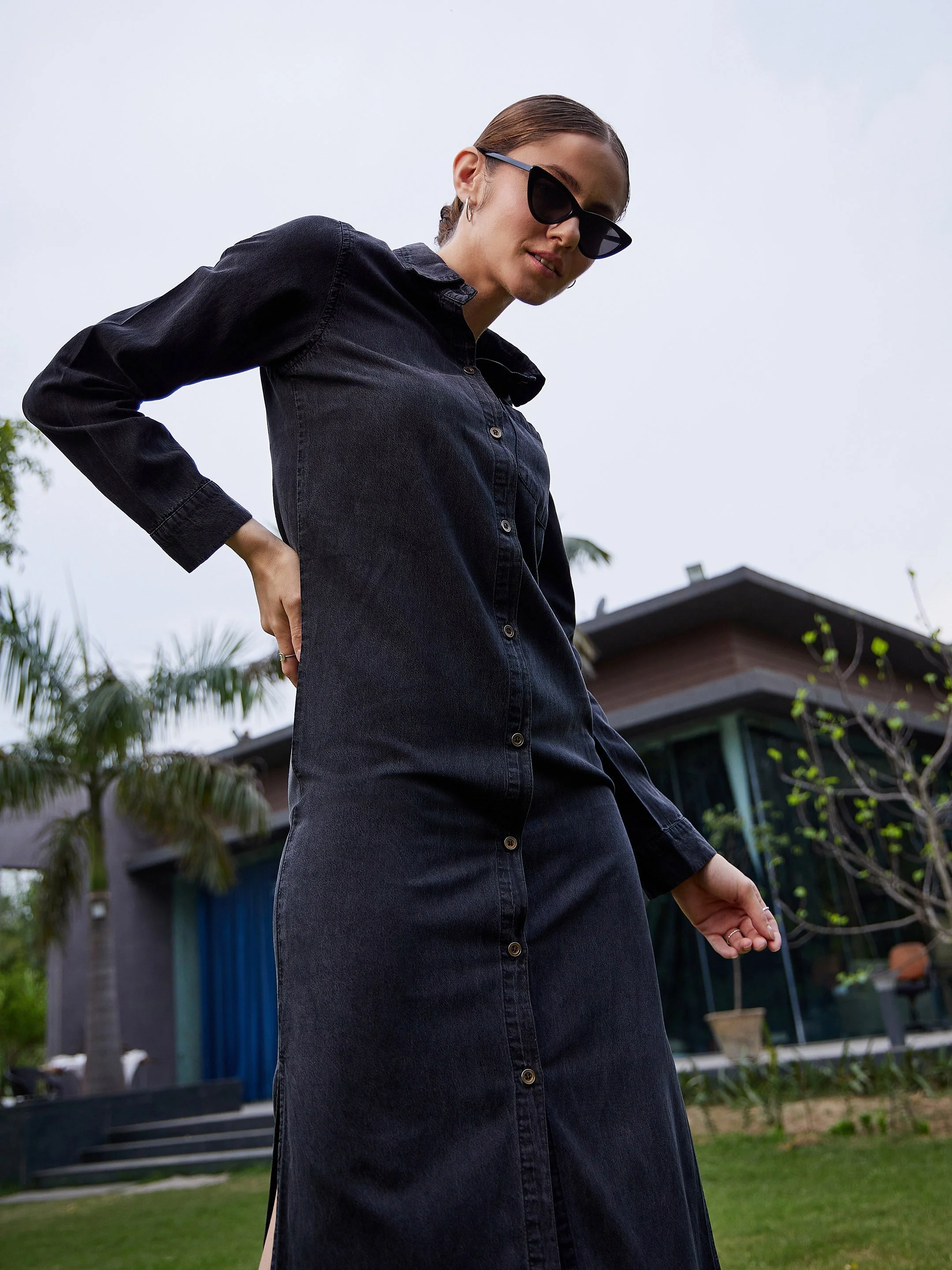 Women Black Acid Wash Tencel Maxi Shirt Dress - Image 5