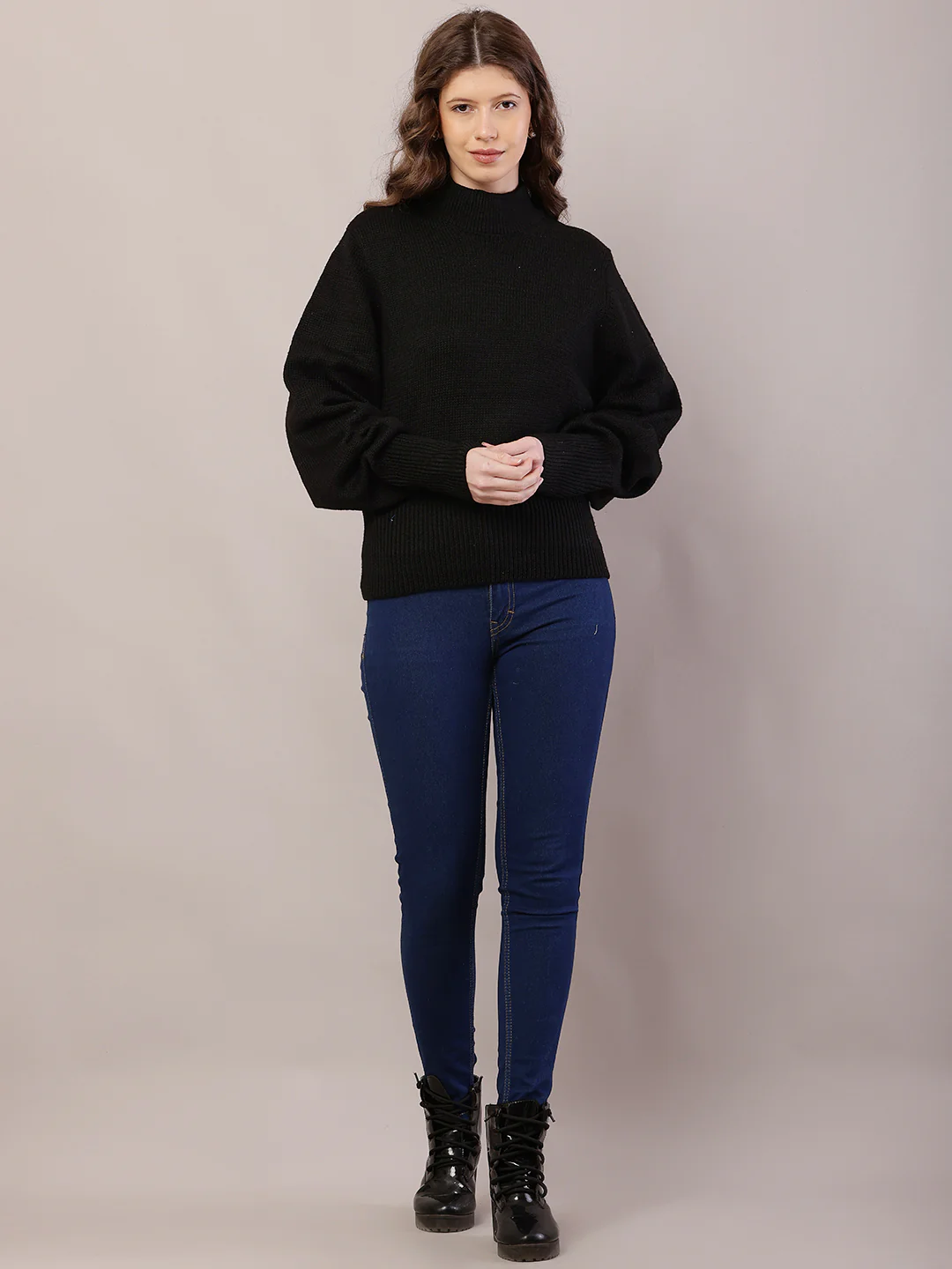Women black acrylic full sleeve high-neck sweater - Image 2