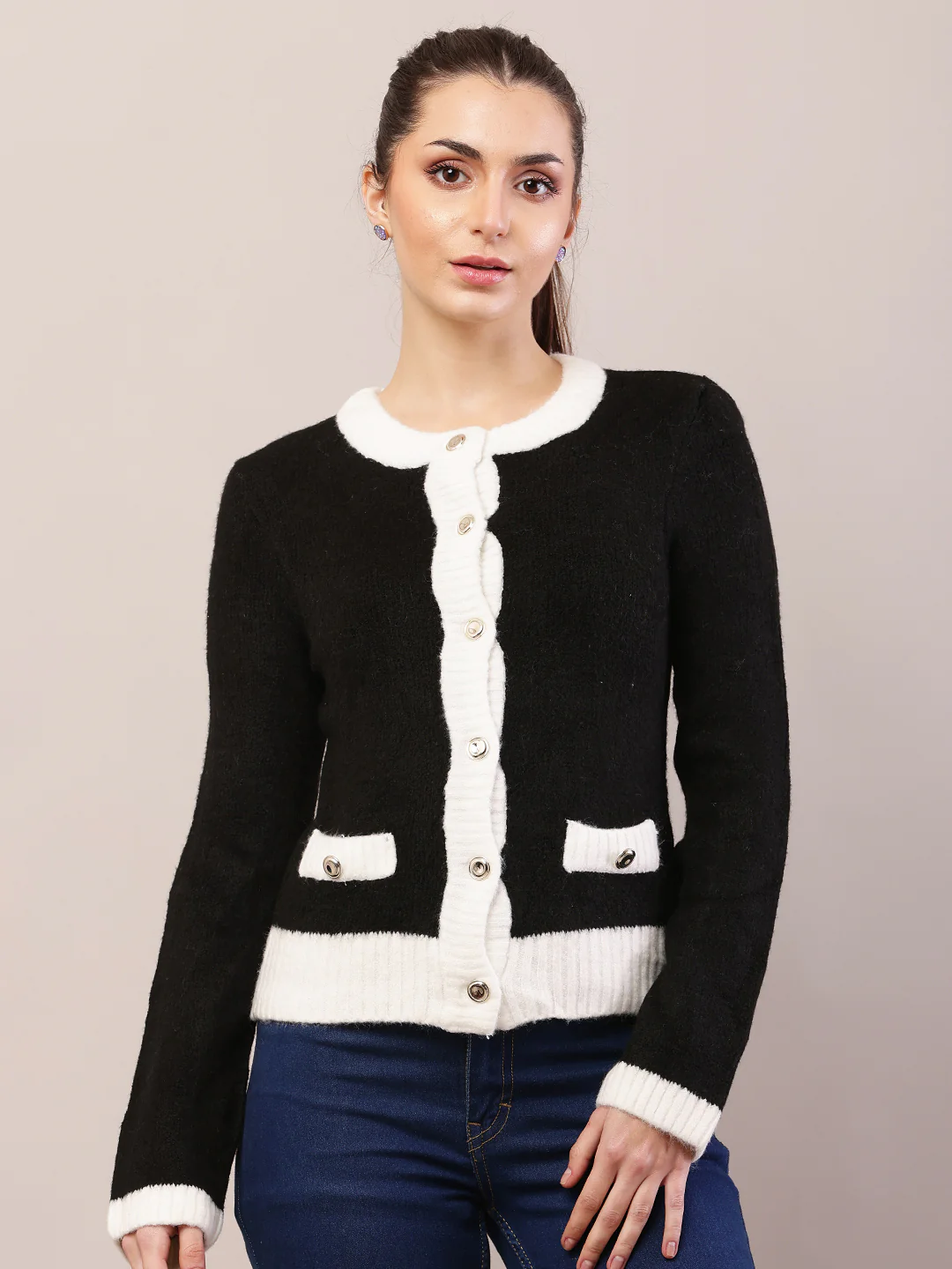 Women black acrylic full sleeve round neck cardigan - Image 2
