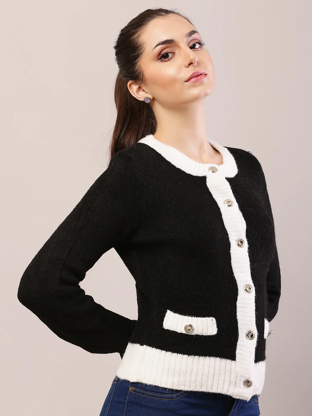 Women black acrylic full sleeve round neck cardigan - Image 3