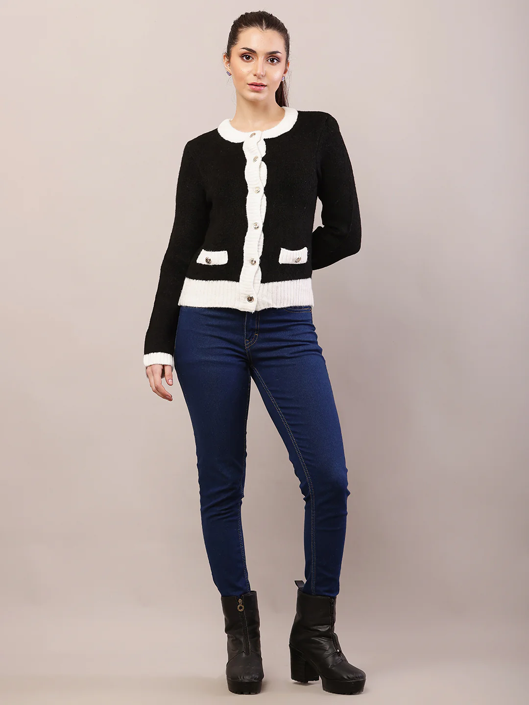 Women black acrylic full sleeve round neck cardigan - Image 4