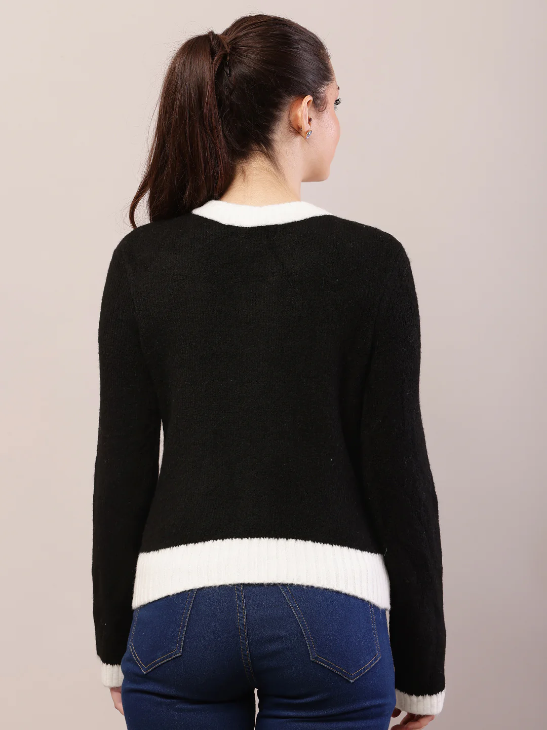 Women black acrylic full sleeve round neck cardigan - Image 5