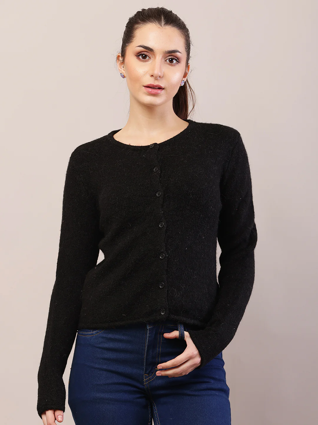 Women black acrylic full sleeve round neck cardigan - Image 2