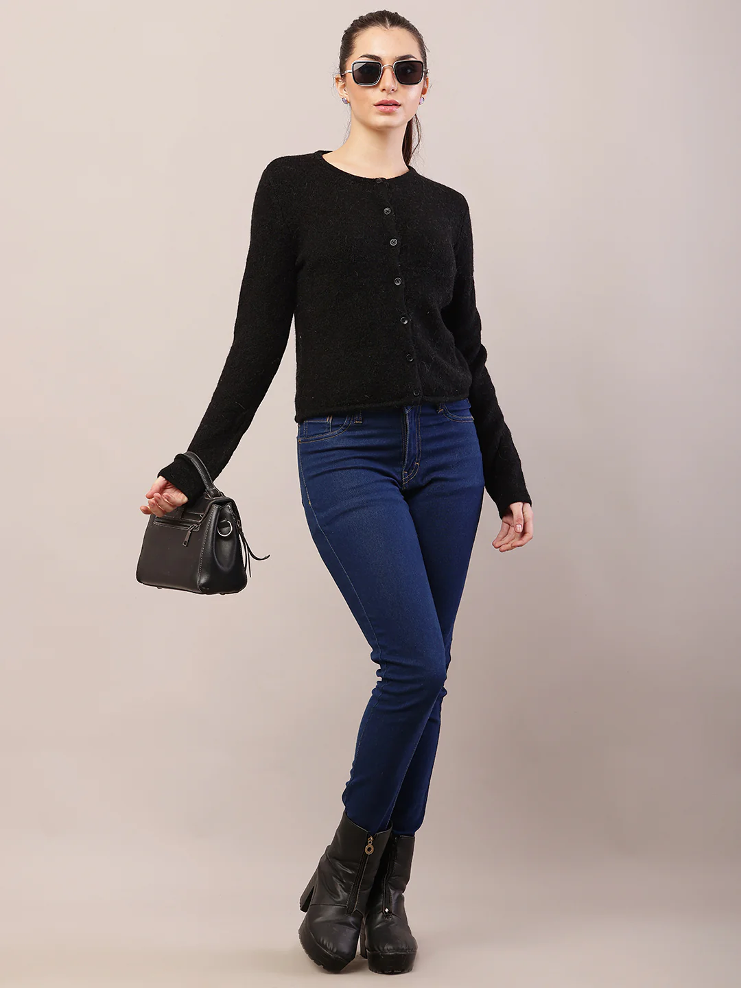 Women black acrylic full sleeve round neck cardigan - Image 3