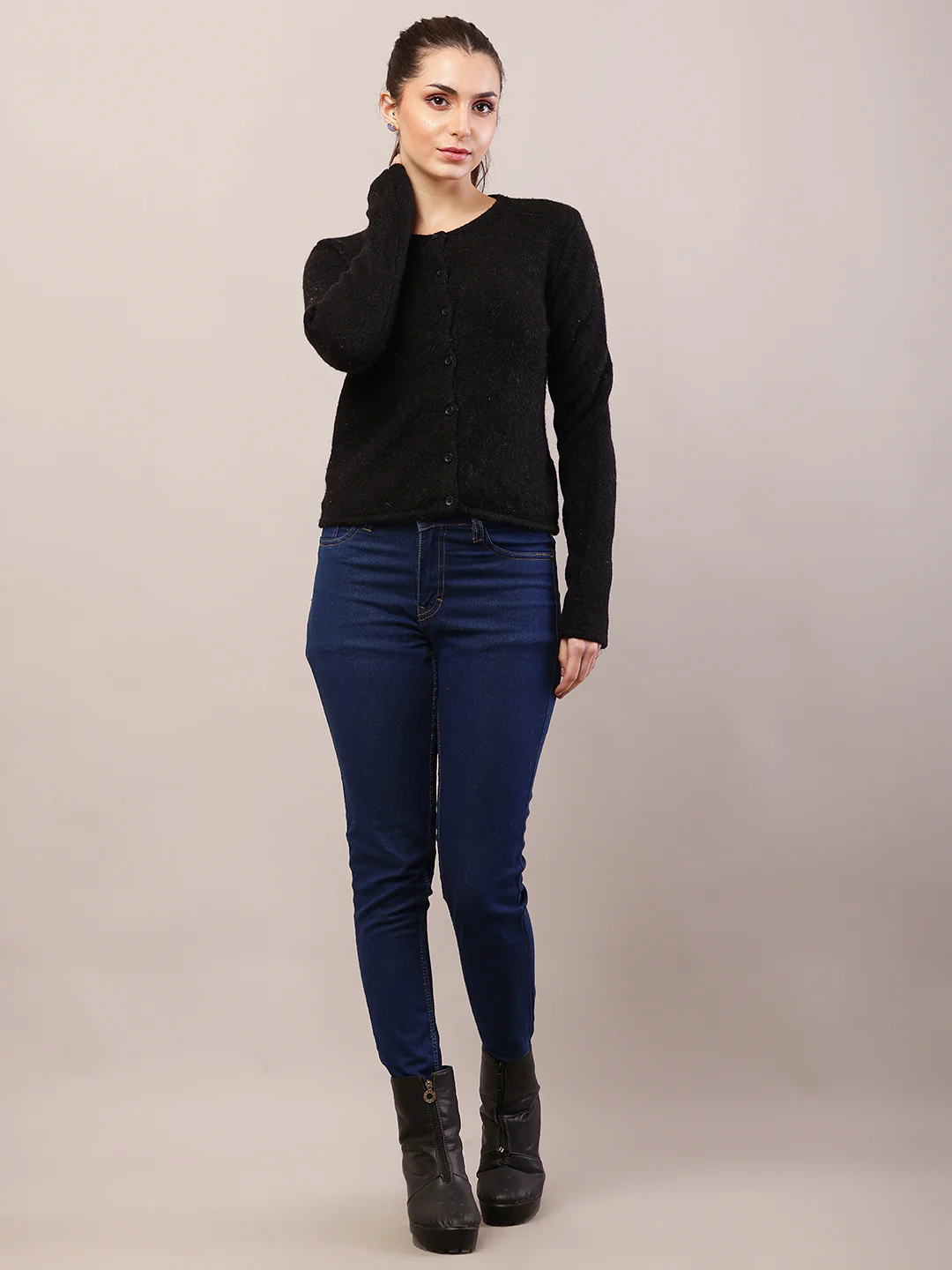 Women black acrylic full sleeve round neck cardigan - Image 4