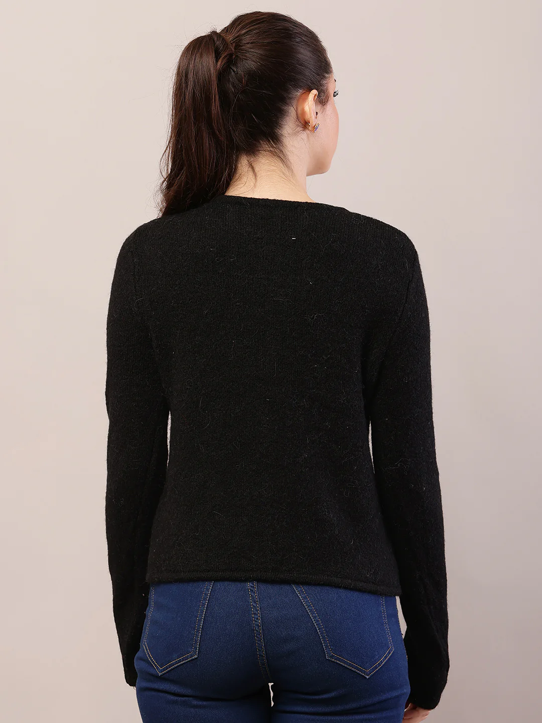 Women black acrylic full sleeve round neck cardigan - Image 5