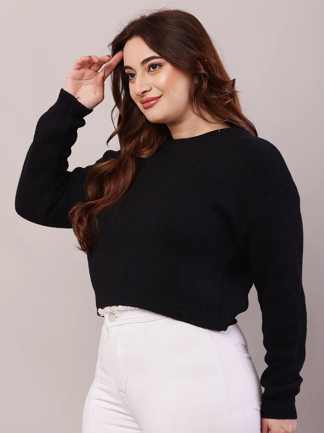 Women Black Acrylic Full Sleeve Round Neck Sweater - Image 2
