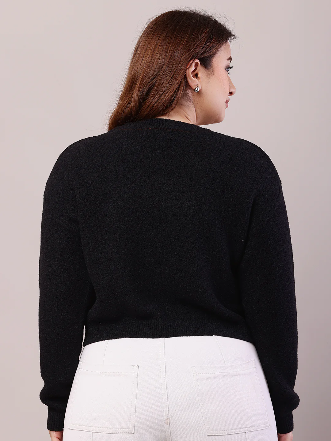 Women Black Acrylic Full Sleeve Round Neck Sweater - Image 4