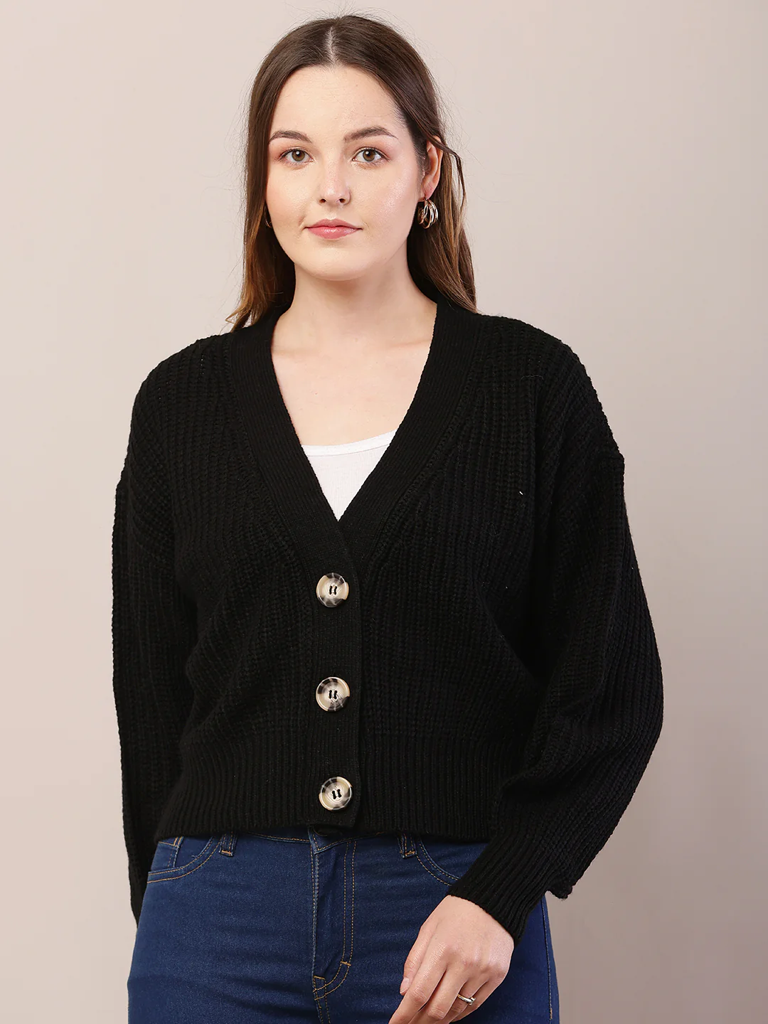Women black acrylic full sleeve v-neck cardigan - Image 2